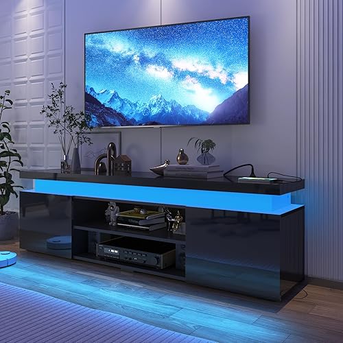 Soporte de TV LED para TV de 75 pulgadas, moderno soporte de TV con toma de corriente, consola de TV de alto brillo con almacenamiento y luces LED