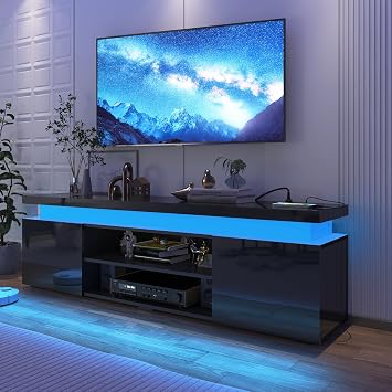 Hlivelood LED TV Stand for 75 Inch TV, Modern TV Stand with Power Outlet, High Gloss TV Console Entertainment Center with Storage and LED Lights for Living Room, Bedroom 66 Inch, Black