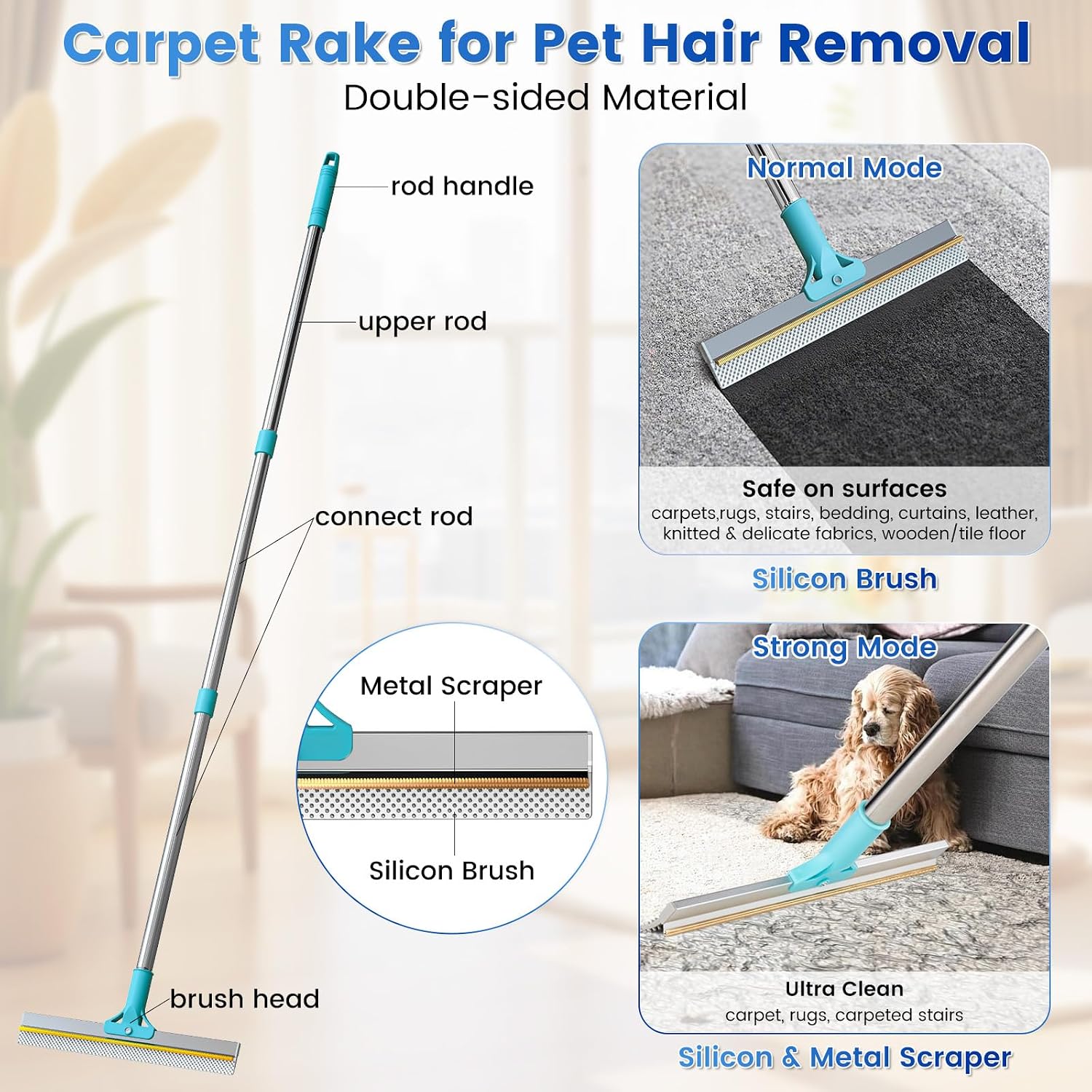 3-Pack Pet Hair Remover Tools, Carpet Rake for Pet Hair Removal, Long Handle Double-Sided Carpet Fur Removal Lint Scraper Brush Dog Cat Hair Remover for Sofa, Couch, Rug, Stairs, Clothes, Blue