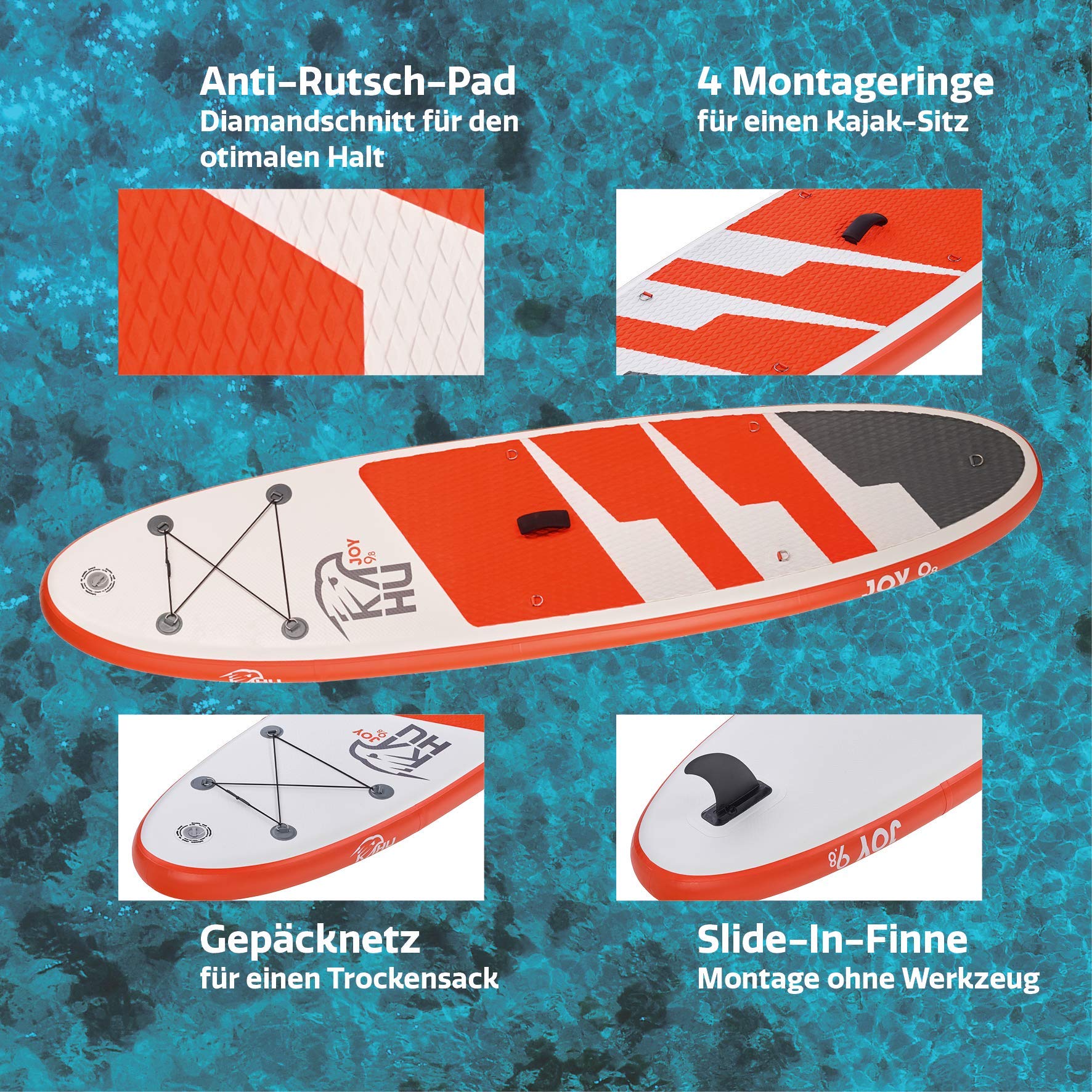 KAHU® Joy 9’8’’ Stand up Paddling Board – aufblasbares iSUP Board komplett Set inkl. Alu-Paddel und Pumpe - Allroundboard für Einsteiger – 15cm Dick – 120kg Traglast – Kajak Sitz als Zubehör – Orange