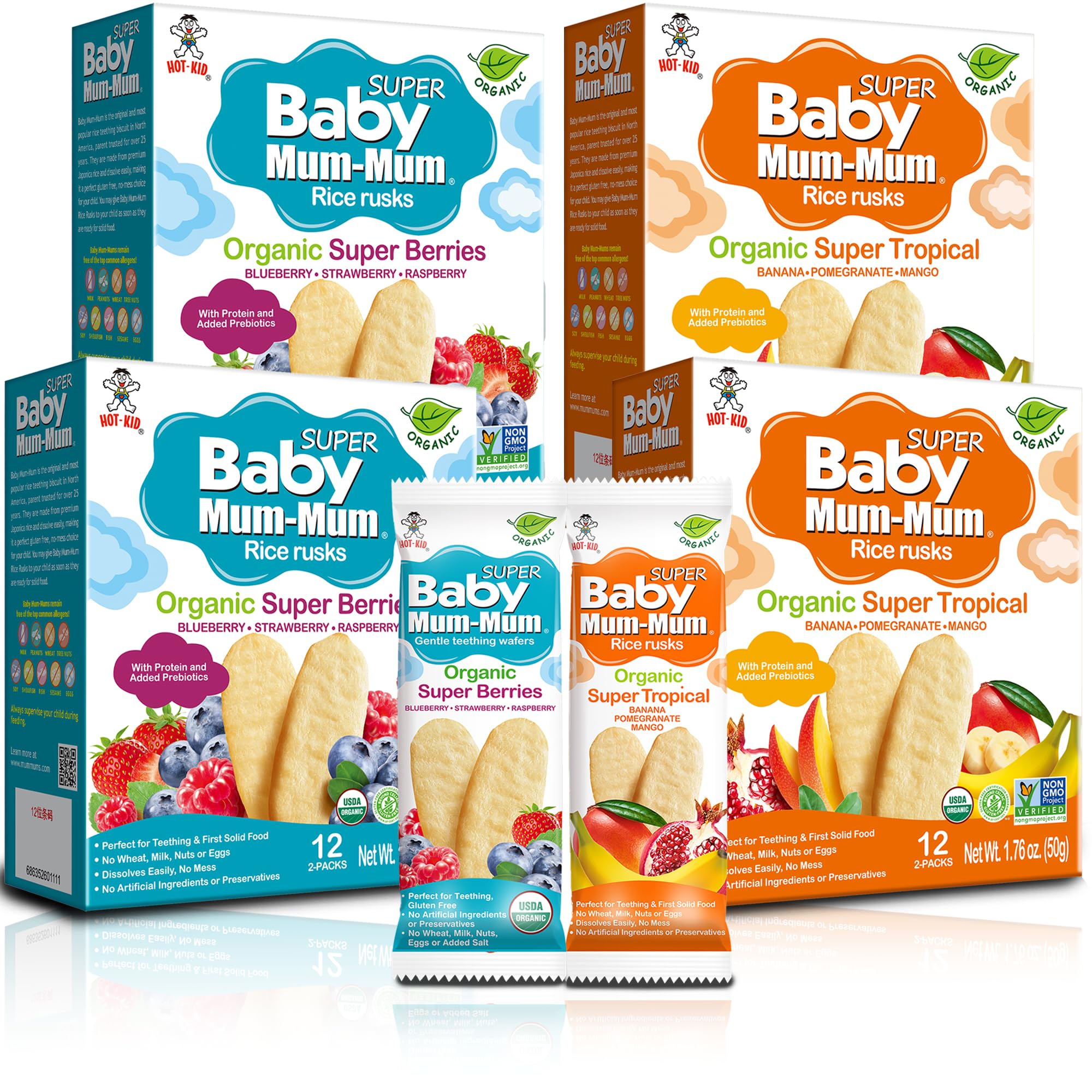 Organic Rice Biscuits, Super Tropical & Super Berries | 24 Count (Pack of 4) | Gluten Free, Allergen Free, Non-GMO | Toddler Snacks, Rice Rusk, Cracker, Cookies for Babies