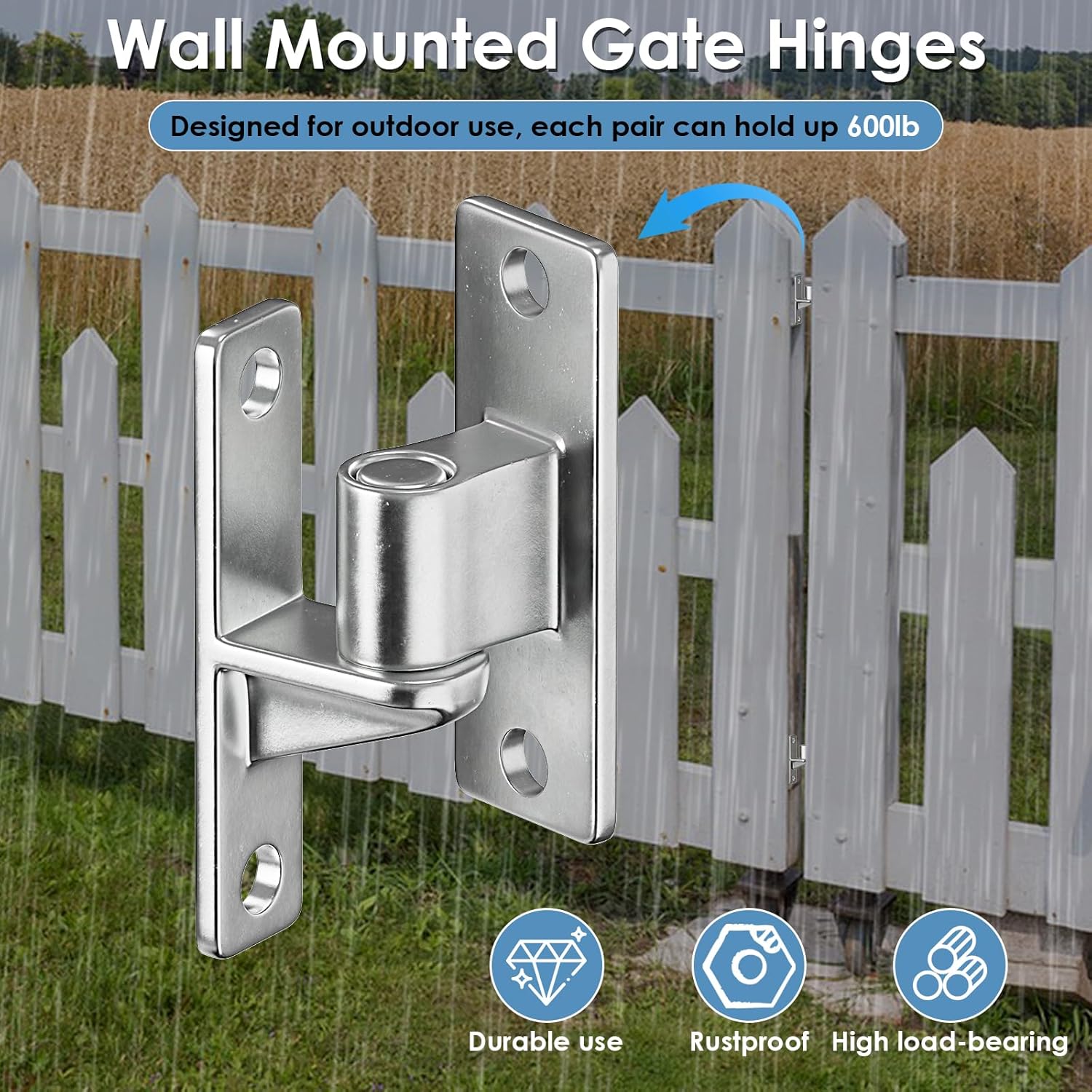 4 Pack Heavy Duty Gate Hinges, 304 Stainless Steel Gate Hinge for Wooden Fences Farm Gates, Wall Mount One Piece with Non-Welding Chain Link Fence Parts with 5/8'', Capacity up to 600lbs