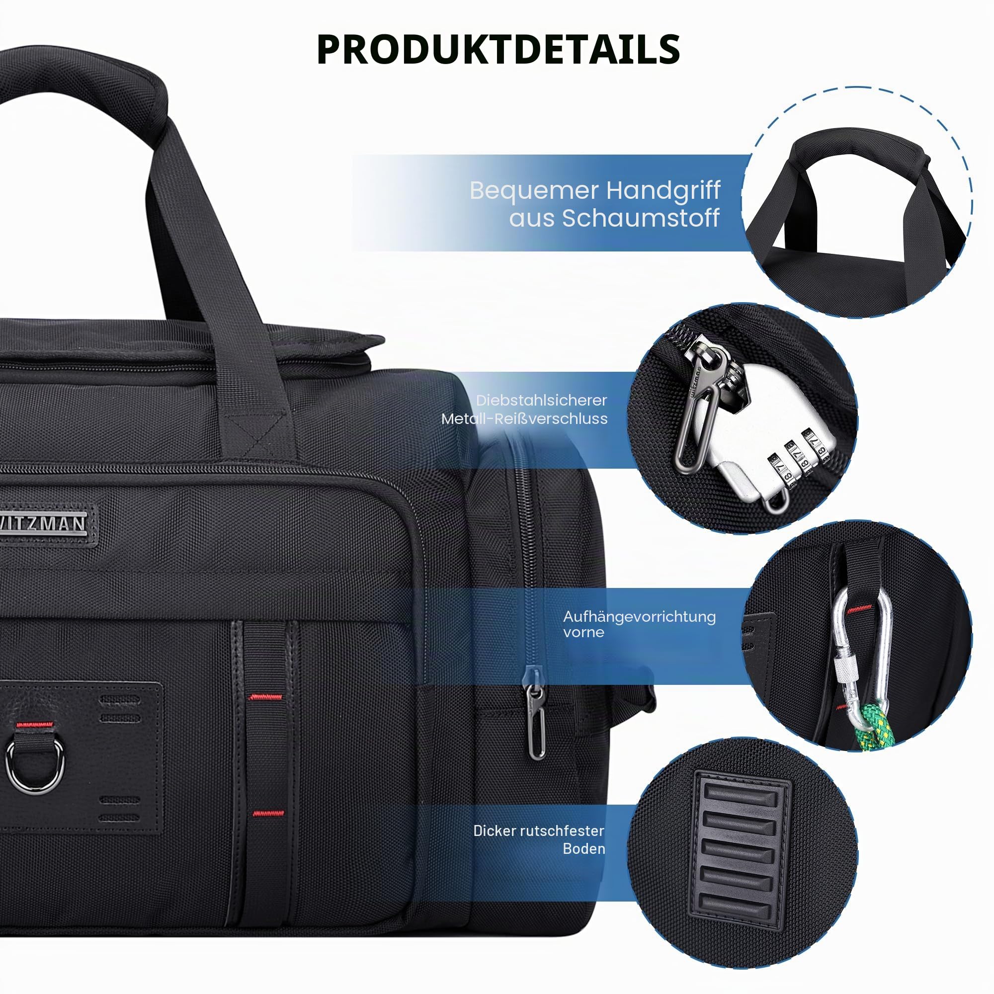 WITZMAN Reisetasche Herren Groß Sporttasche mit Schuhfach Duffle Bag für Travel Gym Trainingstasche Sport Tasche(B719 Schwarz)