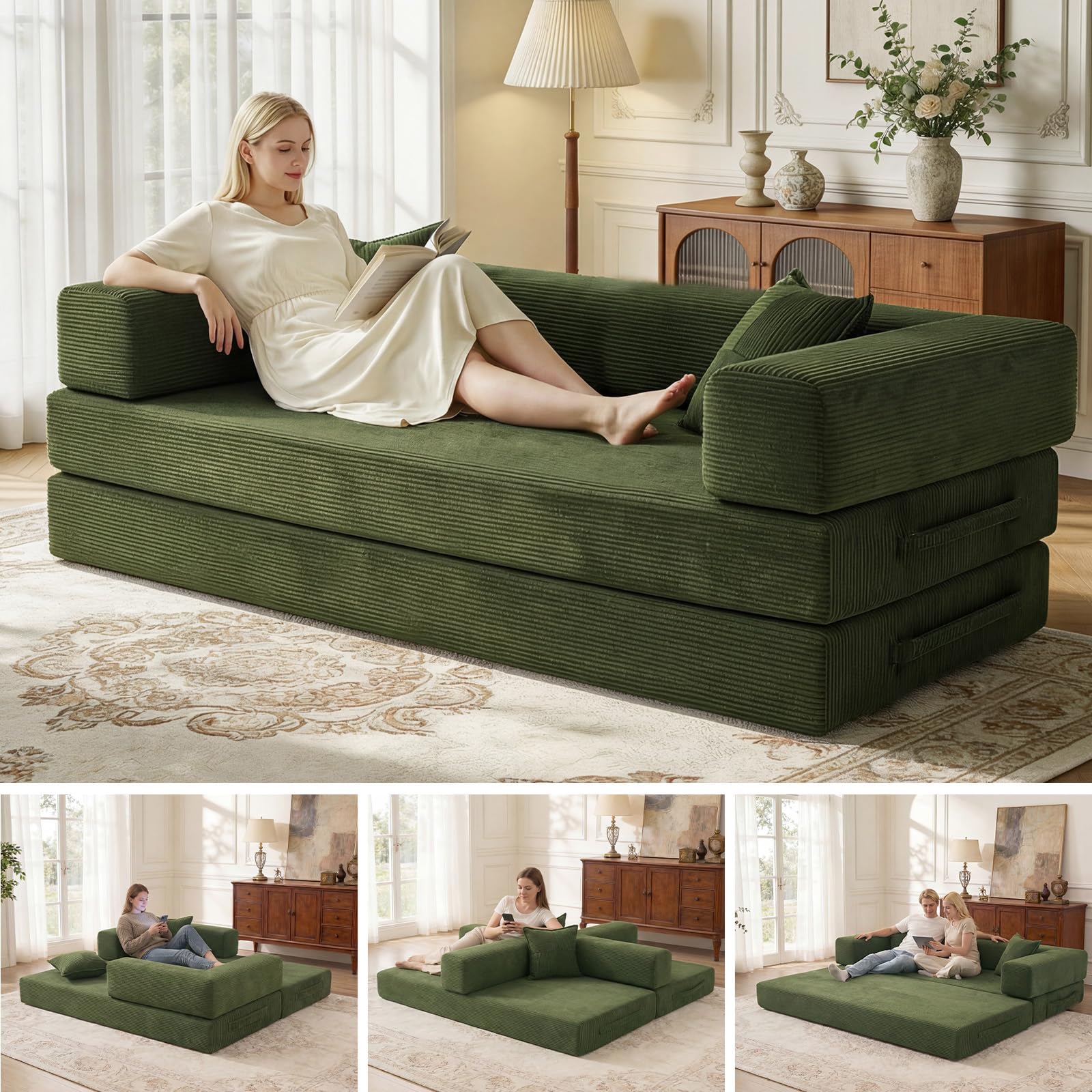 Vipbear 200cm Canapé Convertible 3 Places Fabriqué en Velours Côtelé de Haute Qualité, Versatile 5 en 1 avec Forme de Mémoire Haute Densité pour Chambre à Coucher, Vert