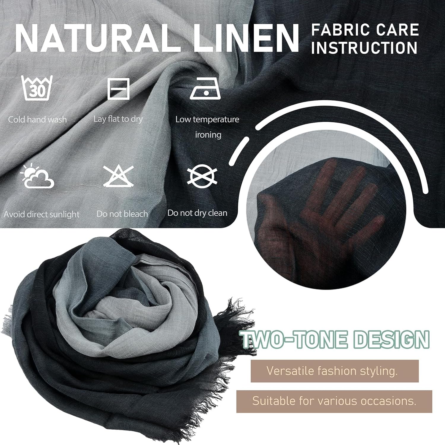 Two-tone Linen Scarf for Women Lightweight Summer Wrap Cotton Shawl Beach Travel Pashmina Gauze 75"×35" - Image 2