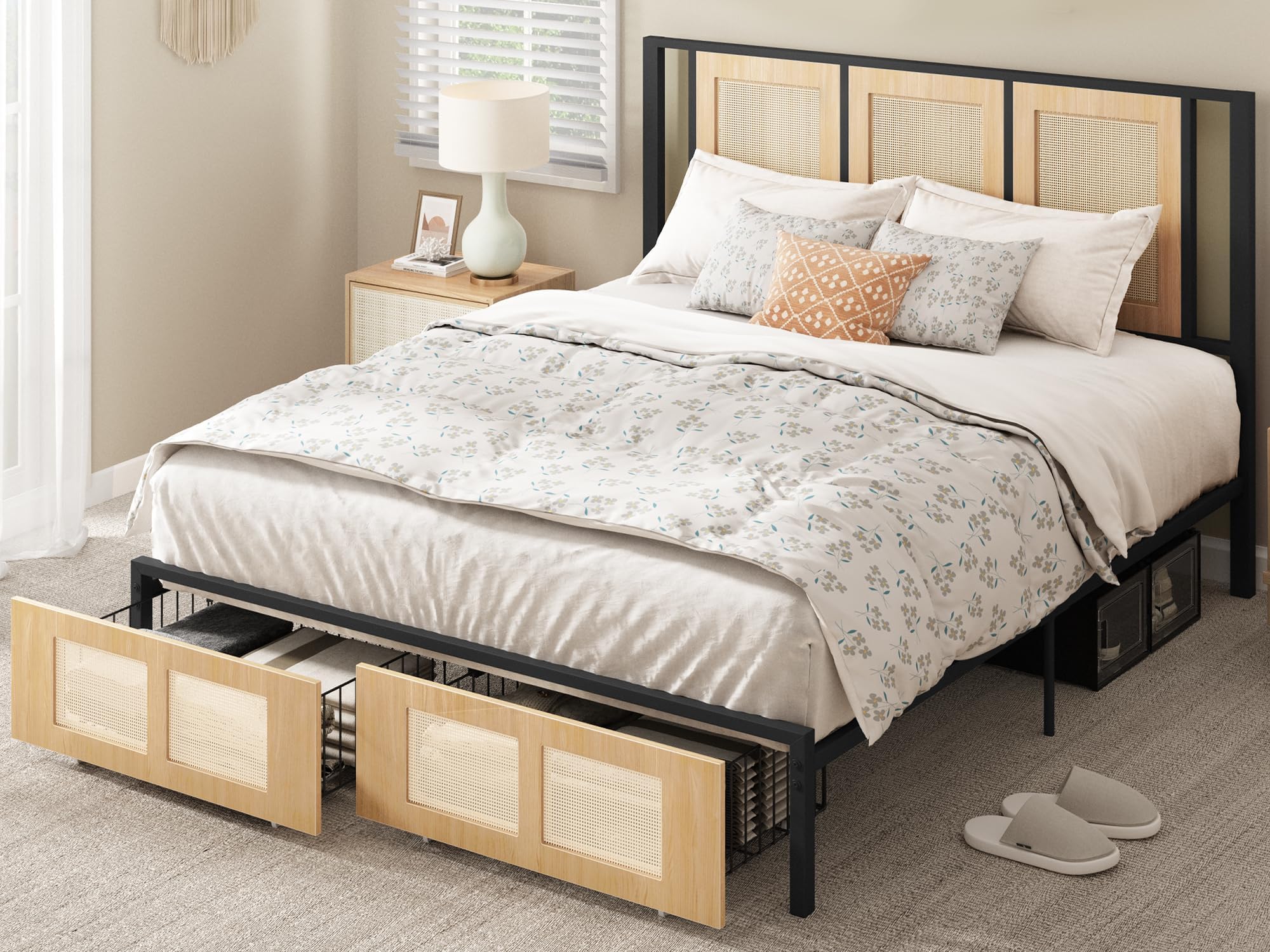 YITAHOME Natural Rattan Bed Frame Queen Size Headboard & Footboard with 2 Storage Drawers, Boho Cane Platform Bed with Strong Metal Slat, Noise Free, No Box Spring Needed