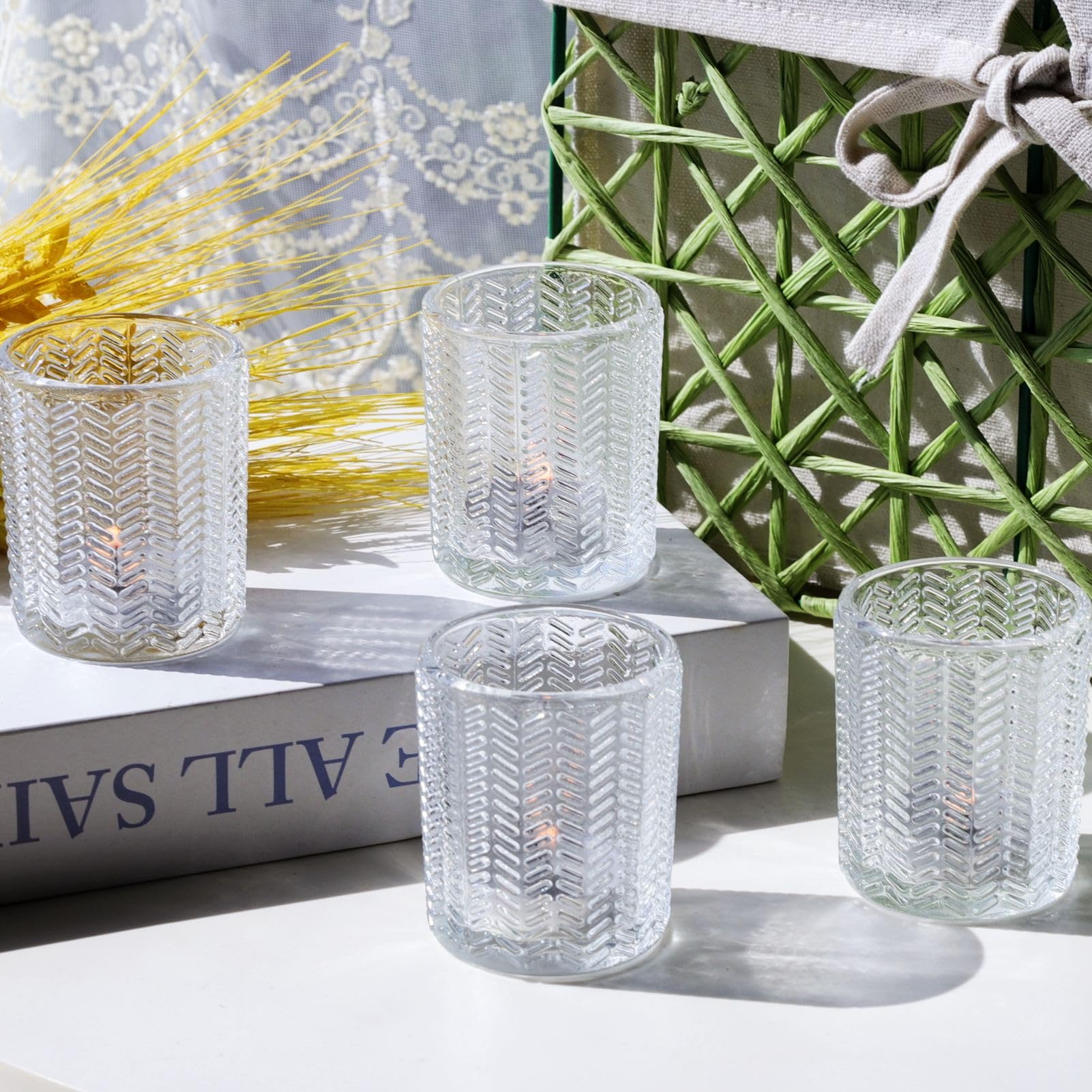 Vohocandle Clear Tealight Holders Glass For Room Decor, Rustic Wheat Tea Light Candle Holders Bulk Set Of 12, House Tea Light Holders Glass For Festive, Home Decor, Wedding Party(5.5 W × 6.5 H Cm)