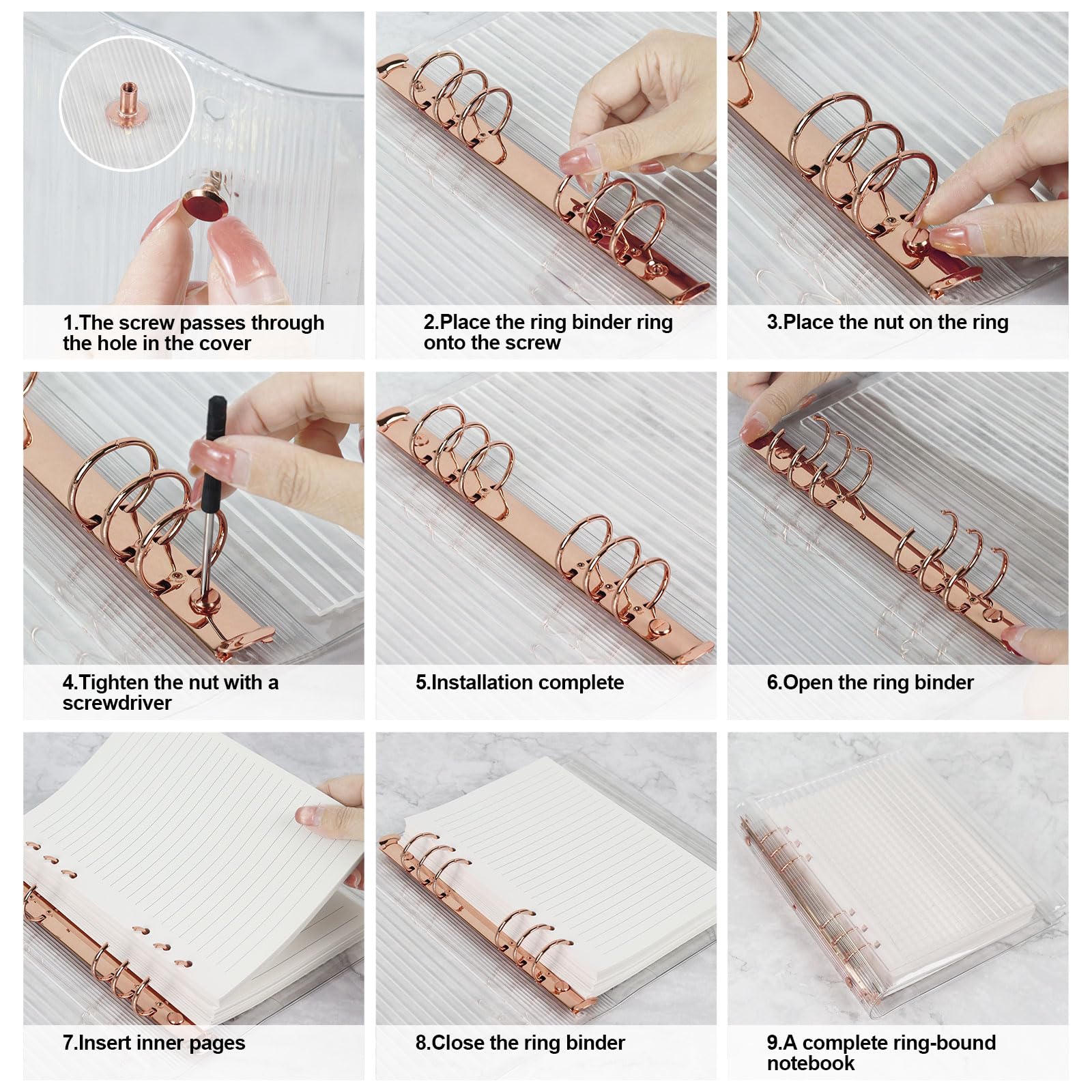Multibey, 2 pezzi 6 anelli in metallo raccoglitore ad anelli rotondi spine di ricambio per fogli A6, accessori per rilegatura a fogli sciolti (A5-30 mm, oro rosa)
