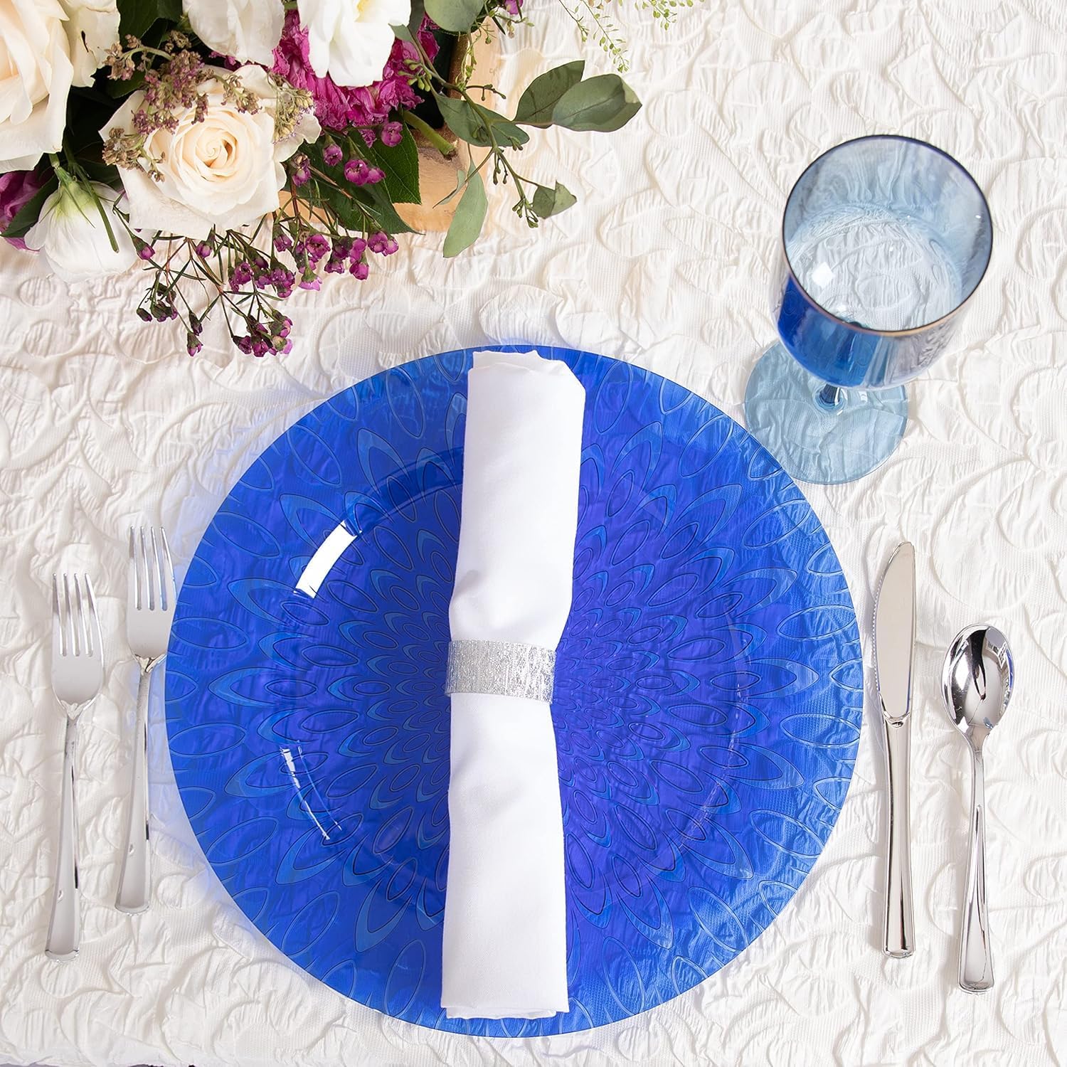 PARTY BARGAINS 13″ Plastic Charger Plates, Raindrop Design, Blue – Disposable Round Table Chargers for Weddings, Parties & Events, BPA-Free (16 Pack)