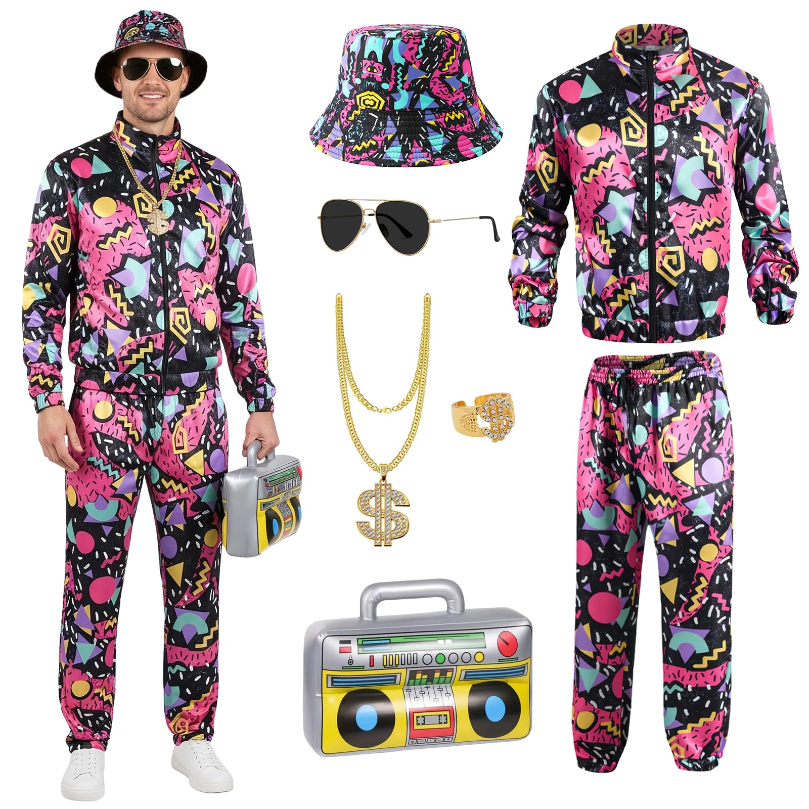 Xerteam 80s 90s Fancy Dress Men with Accessories, Retro 80s 90s Hip Hop Outfit for Adults, 80s Fancy Dress Set with 1 Sportswear Shirt Pant Hat Necklace Balloon Glasses (Black 4, XL)