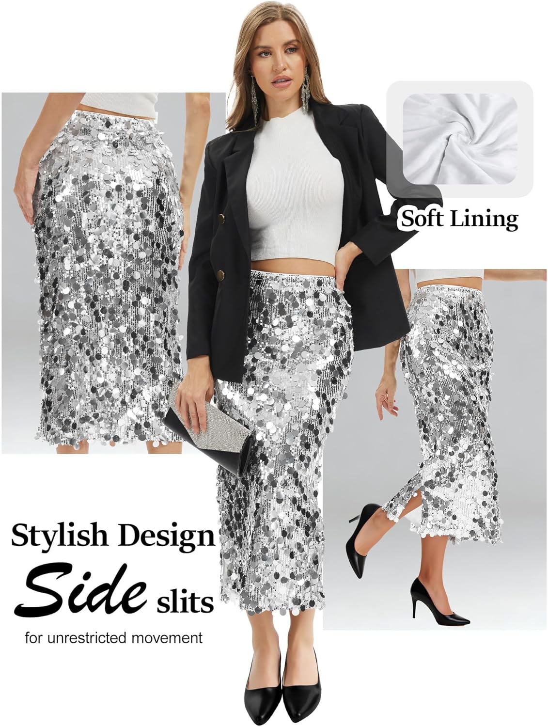 JASGOOD Sequin Skirt for Women Elastic High Waist Midi Skirt Side Slit Stretchy Sparkle Skirts for Night Out Cocktail Parties - Image 4