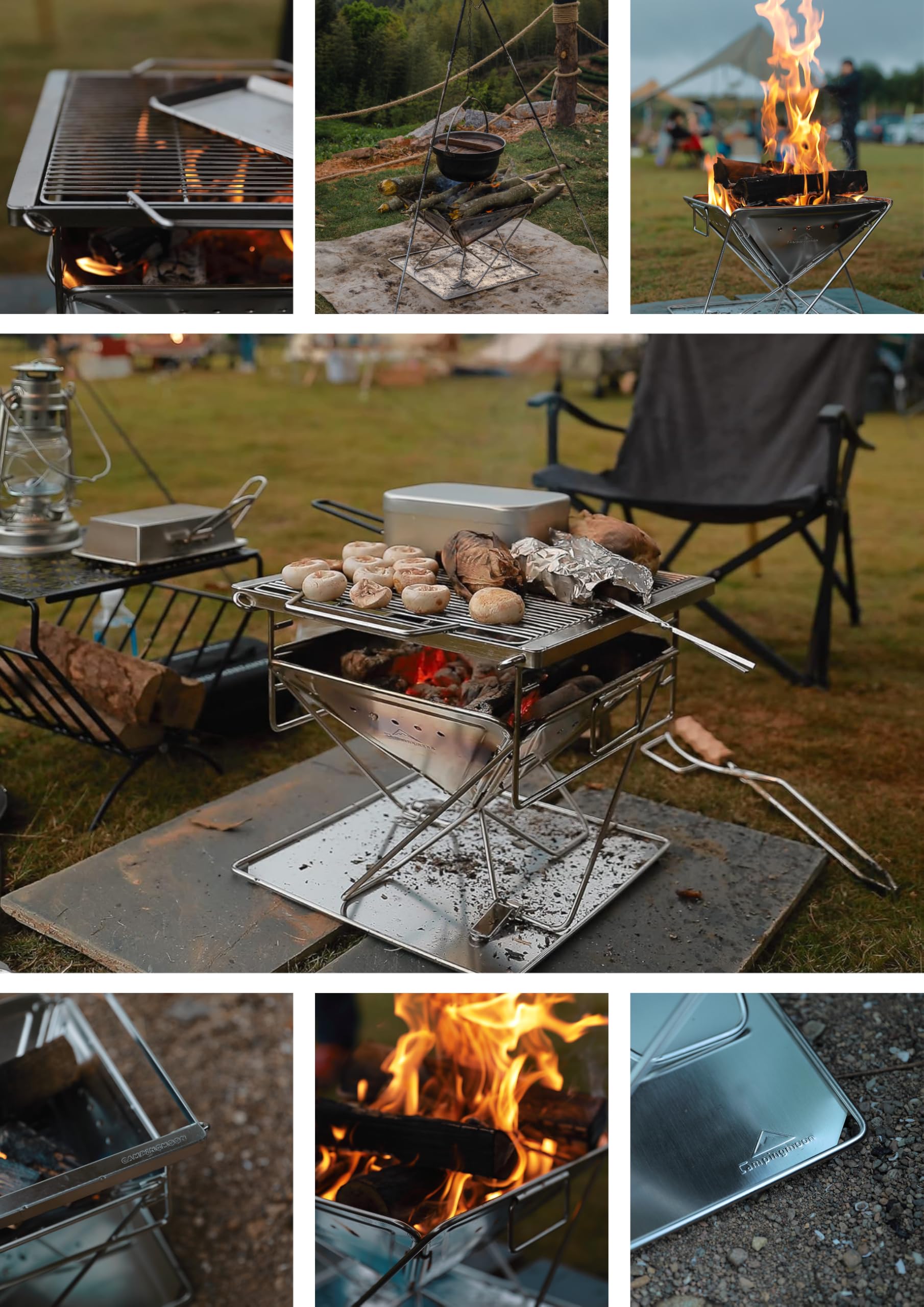 CAMPINGMOON 3-in-1 tragbarer Holzgrill und Feuerstelle aus Edelstahl, 35,6 x 39 cm, mit Tragetasche MT-035