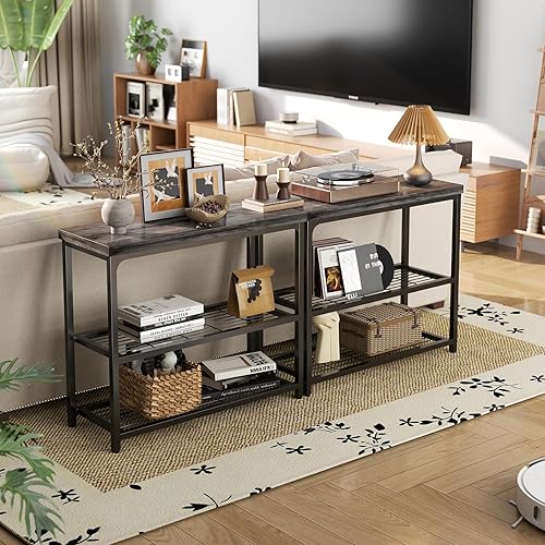 Miniatura 4 de Mesa consola pequeña de 32 pulgadas con almacenamiento, mesa de entrada estrecha de 3 niveles, mesa de sofá resistente con estantes de malla, mesas