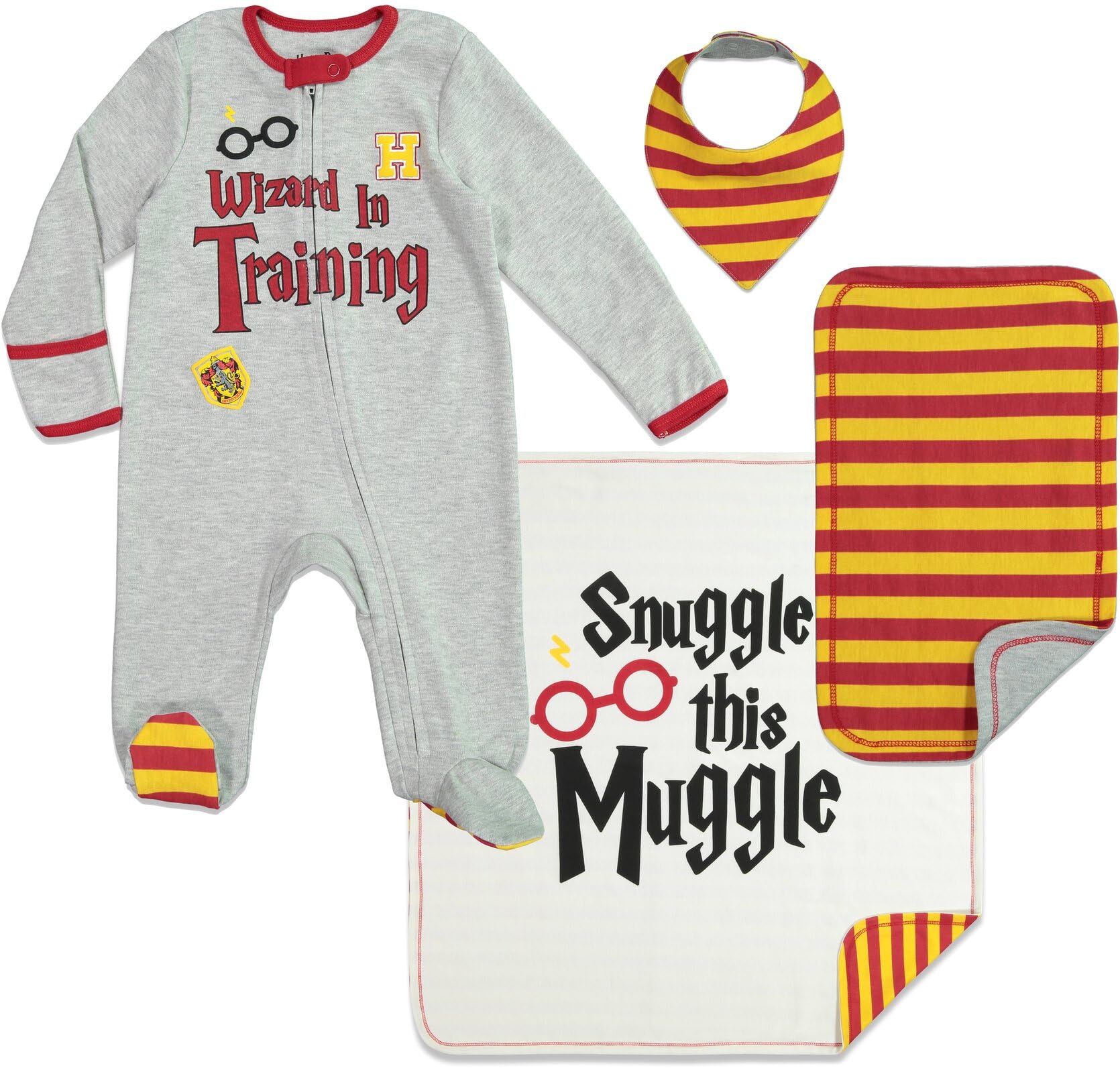 Harry Potter Baby Zip Up Sleep N' Play Coverall Headband Burp Cloth and Blanket 4 Piece Outfit Set Newborn