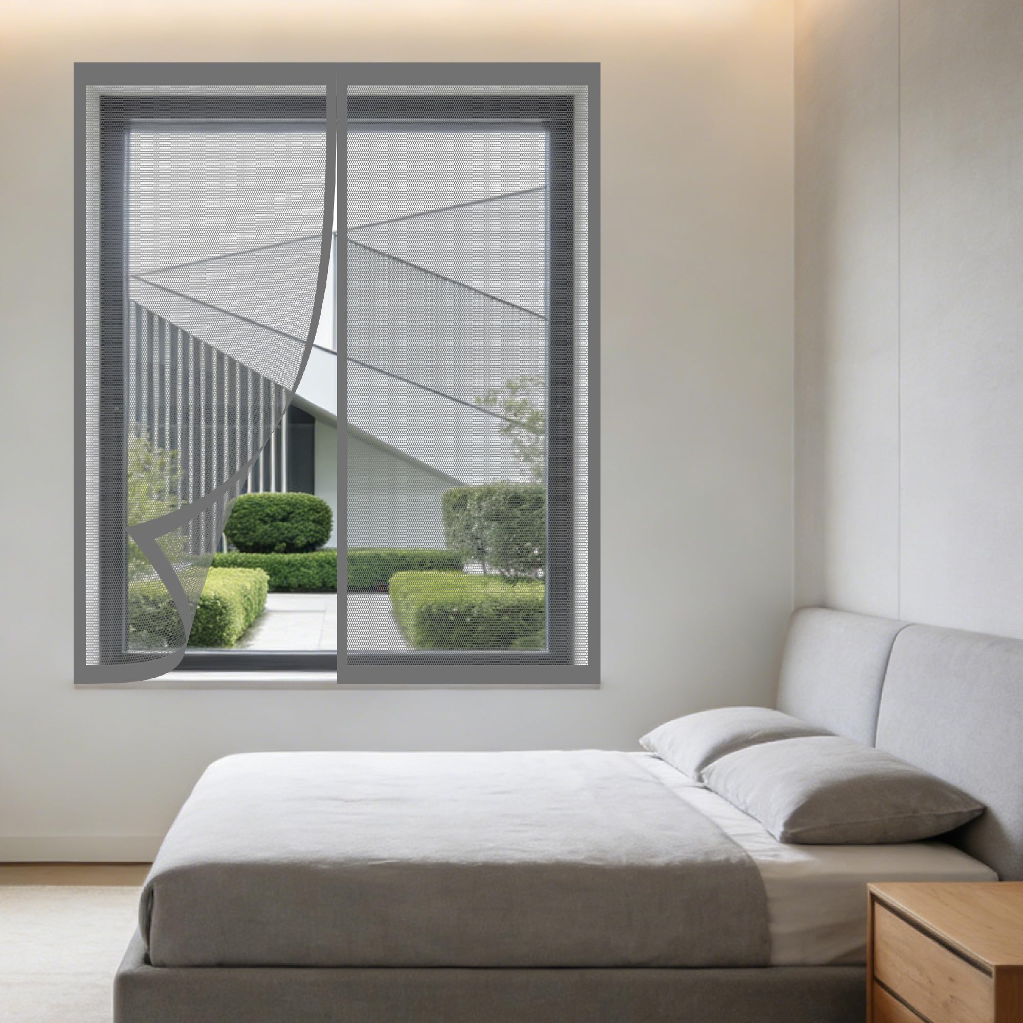 Adjustable Magnetic Fly Screen Window 155 x 130 cm Selfadhesive Tape Magnetic Window Screen Insect Mesh Easy Install for Living Room Bedroom Offfice, Grey