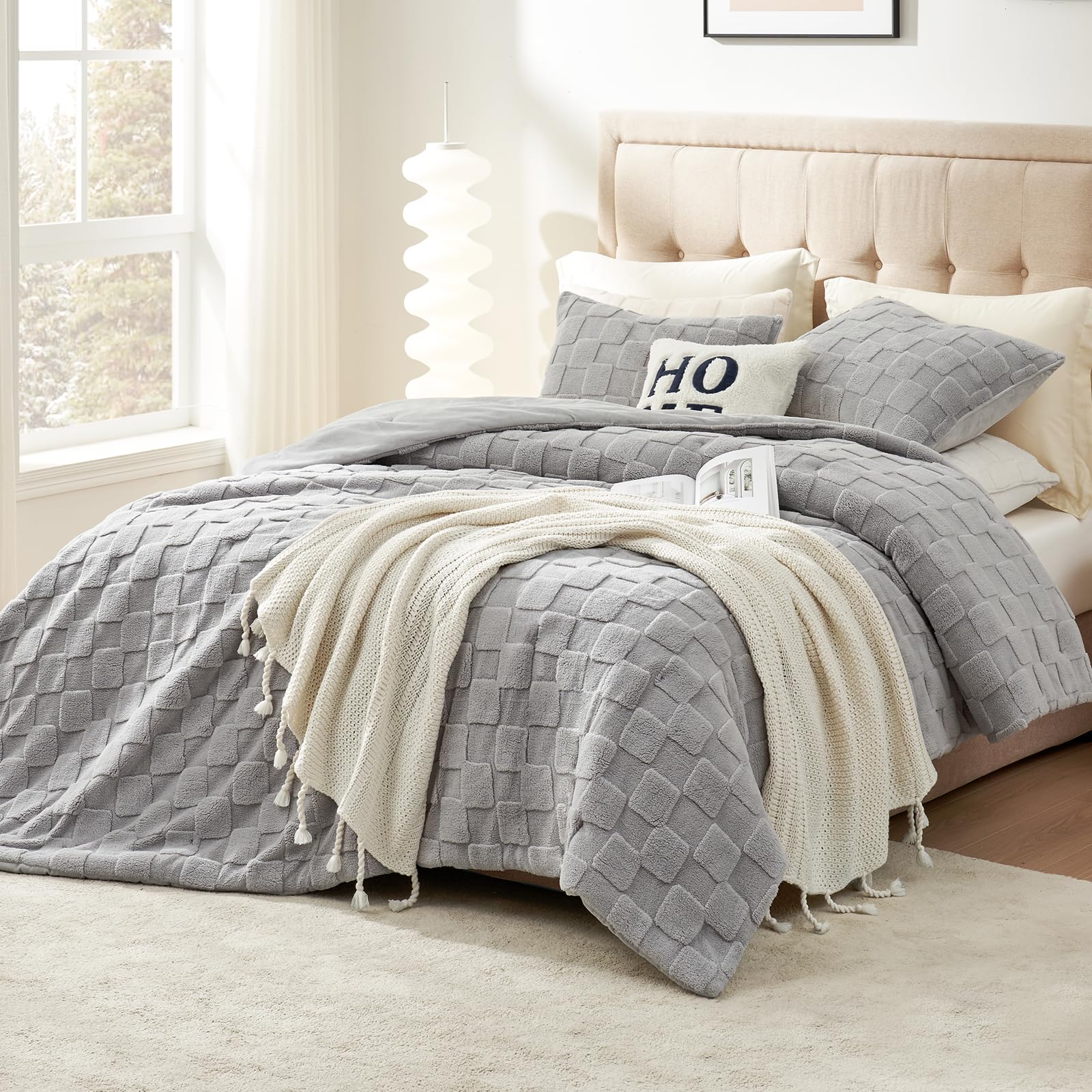 Cozy Bliss Fluffy Twin Comforter Set Grey Soft Sherpa Comforter, 2pcs
