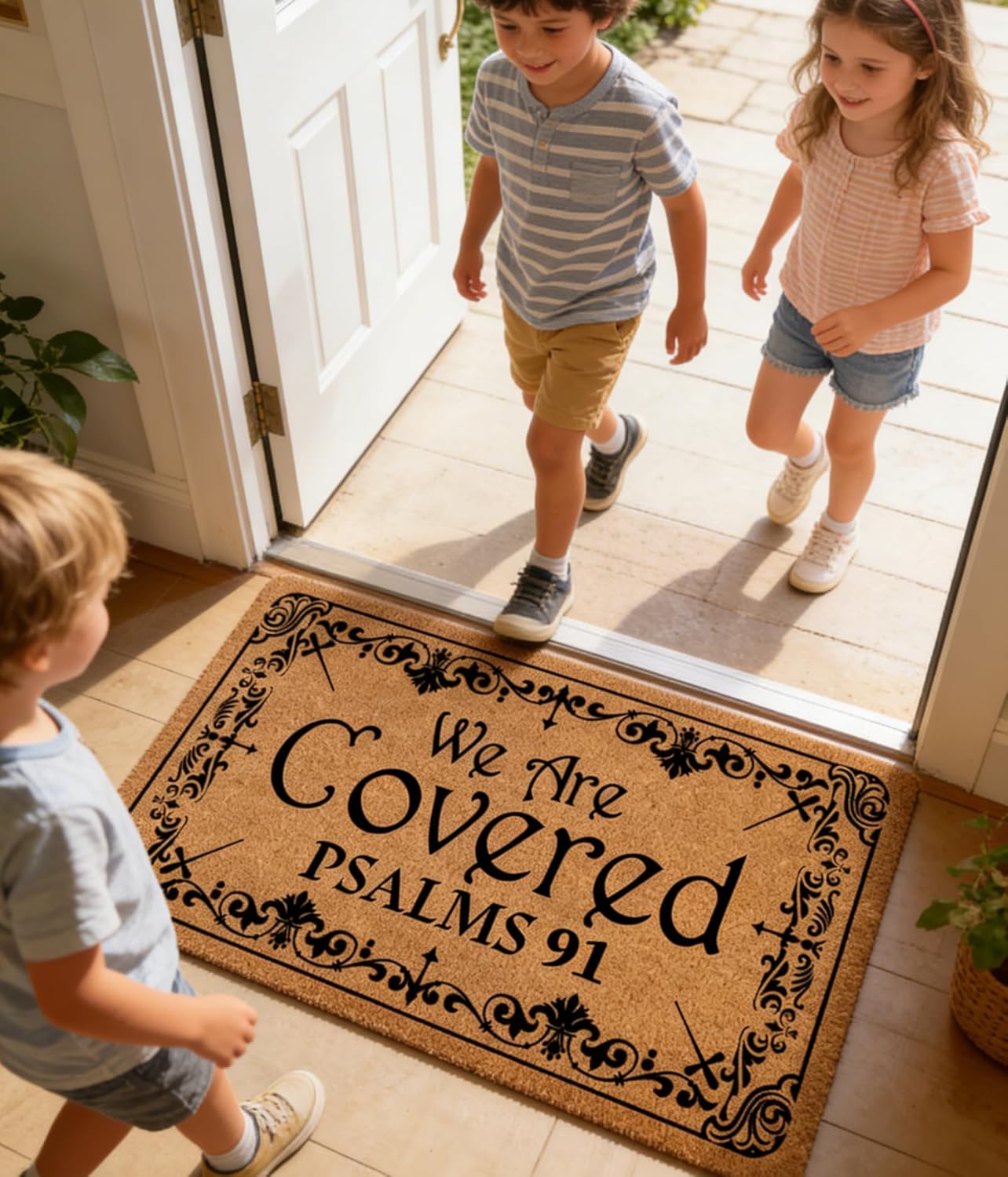 Funny Doormat 30x17 Inch We are Covered Psalm 91 Door Mat Christian Gifts Non-Slip PVC Backing for Outdoor/Indoor Christian Mat Sarcastic Front Door Rug Prank Gift for Cops & Lawyers Brown Color