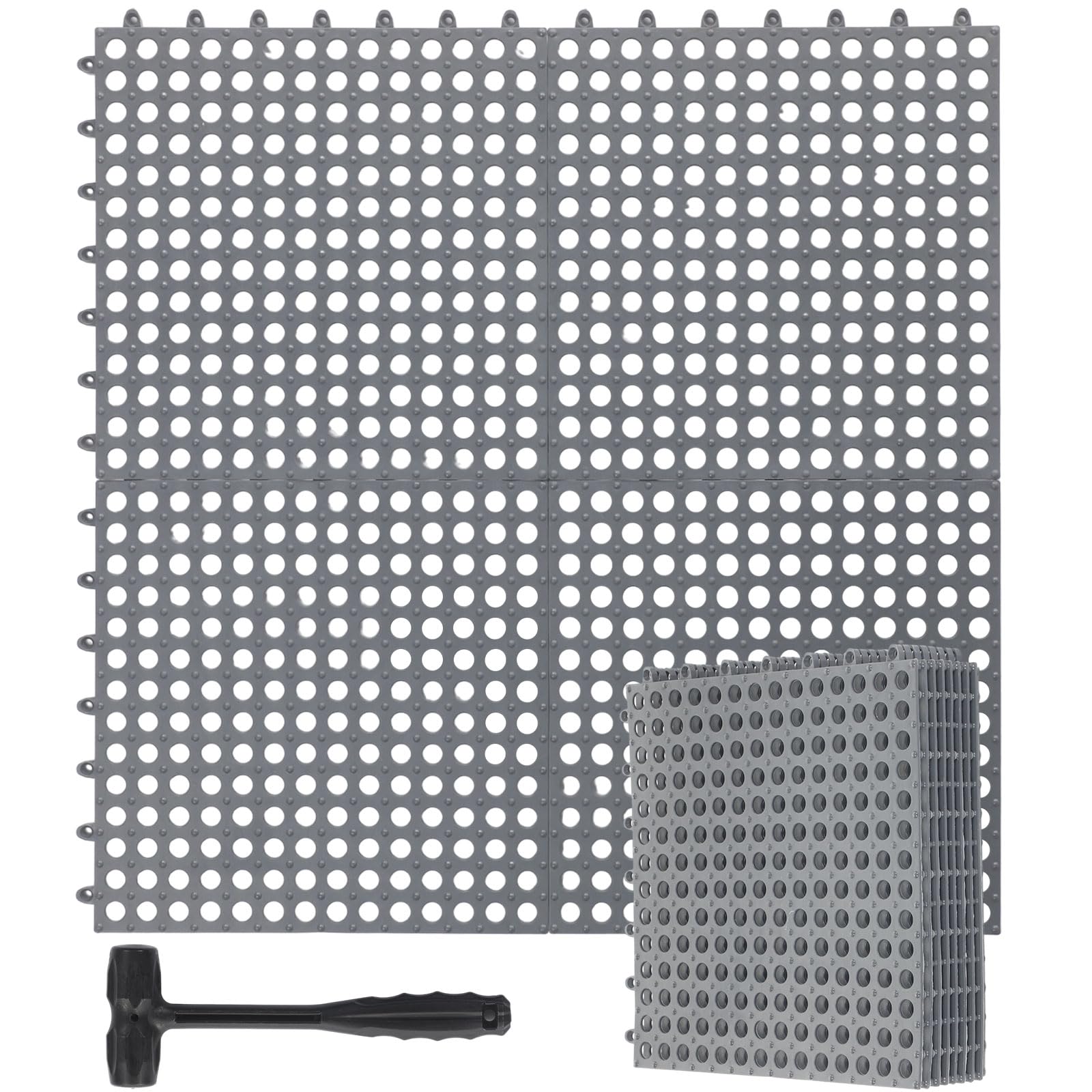 8 Pack Drainage Tiles Modular Interlocking Floor Tiles with 1 Pc Plastic Hammer 12" x 12" Cushion Mat Non Slip Rubber Floor mat with Holes for Pool Bathroom Deck Kitchen Patio (Gray)