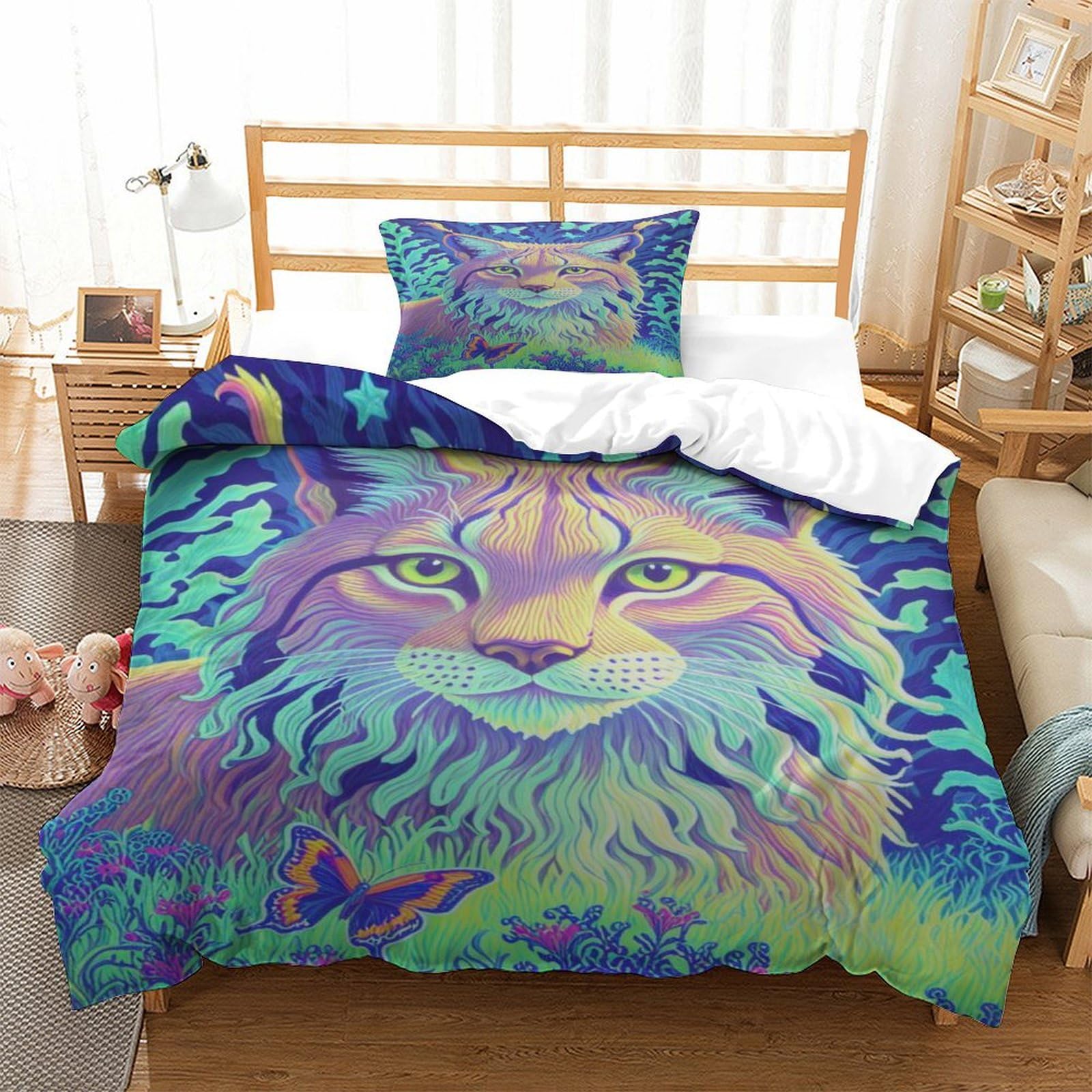 EMYXPAQM Duvet Cover Set European Lynx in Grassland 3D Printed Cosy Bedding Soft Microfiber Hidden Zipper, Pillowcases for Teenage Boys Single（135x200cm）