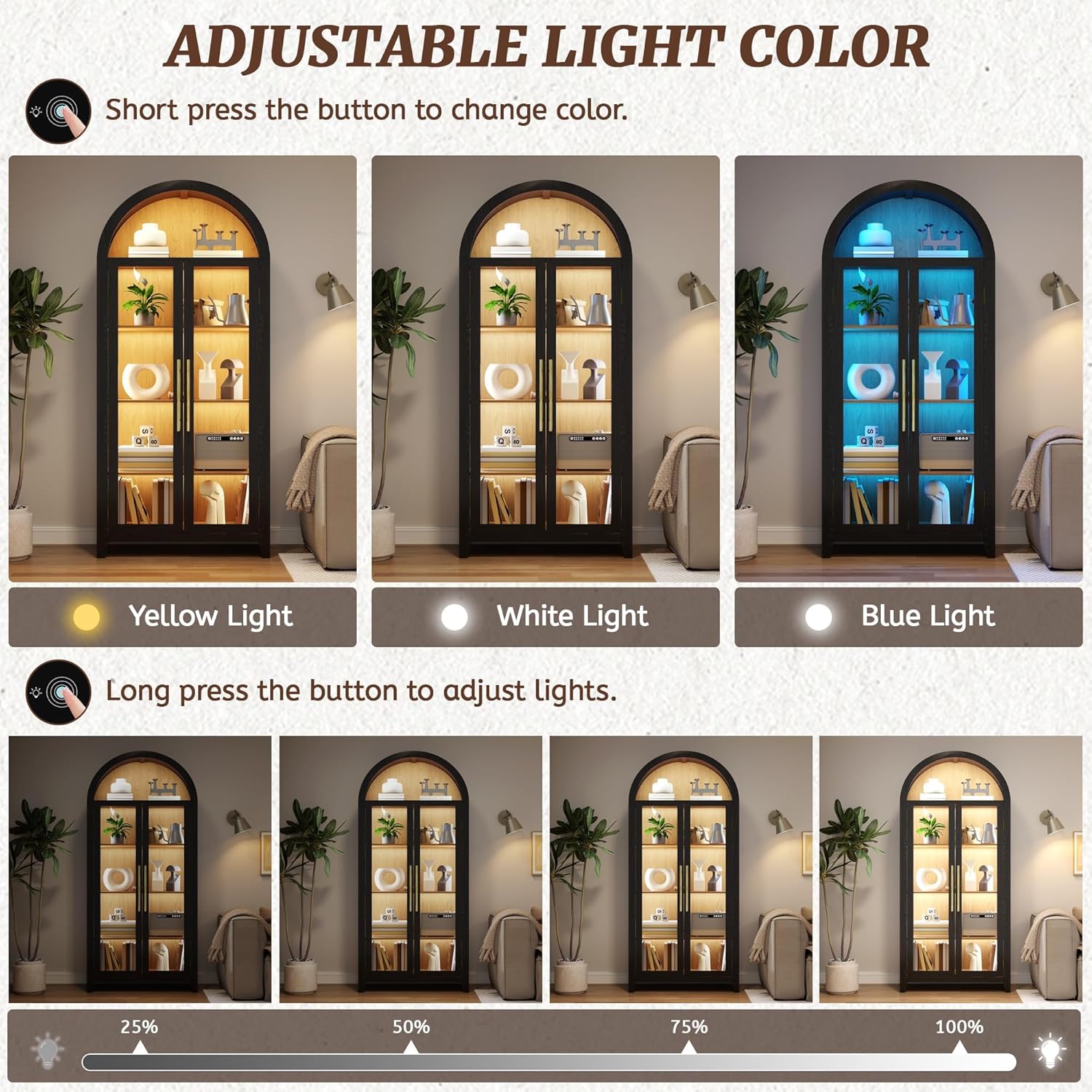 71” Arched Storage Cabinet with Glass Doors, Curio Display Cabinet with Adjustable LED Light, Arched Kitchen Pantry, 5-Tier Glass Display Cases for Living Room, Kitchen(Black & Oak)
