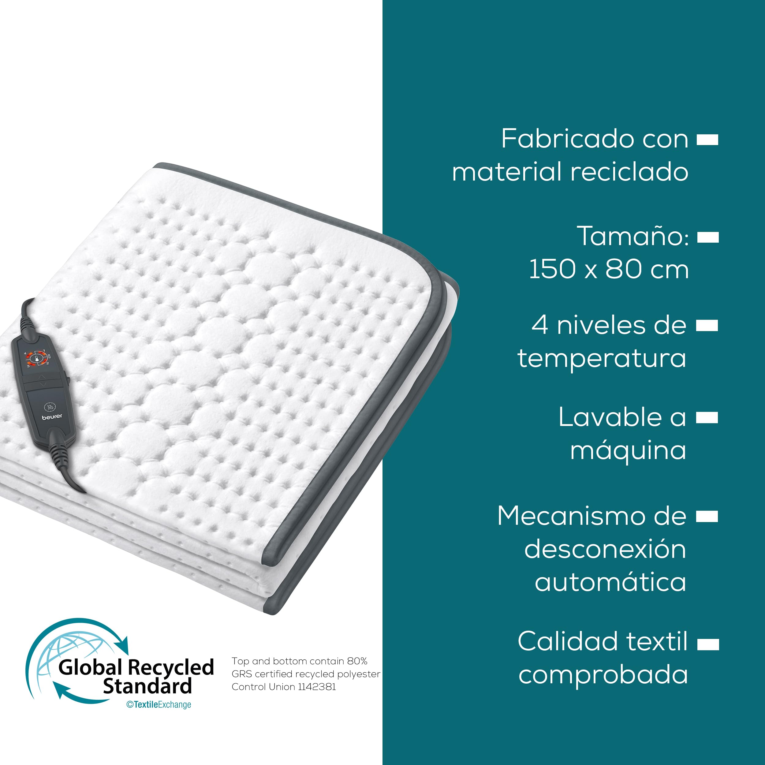 Beurer UB 60 Green Planet Calientacamas, materiales reciclados, con desconexión automática, 4 ajustes de temperatura, sistema de seguridad, 150 x 80 cm, interruptor LED extraíble, lavable a máquina