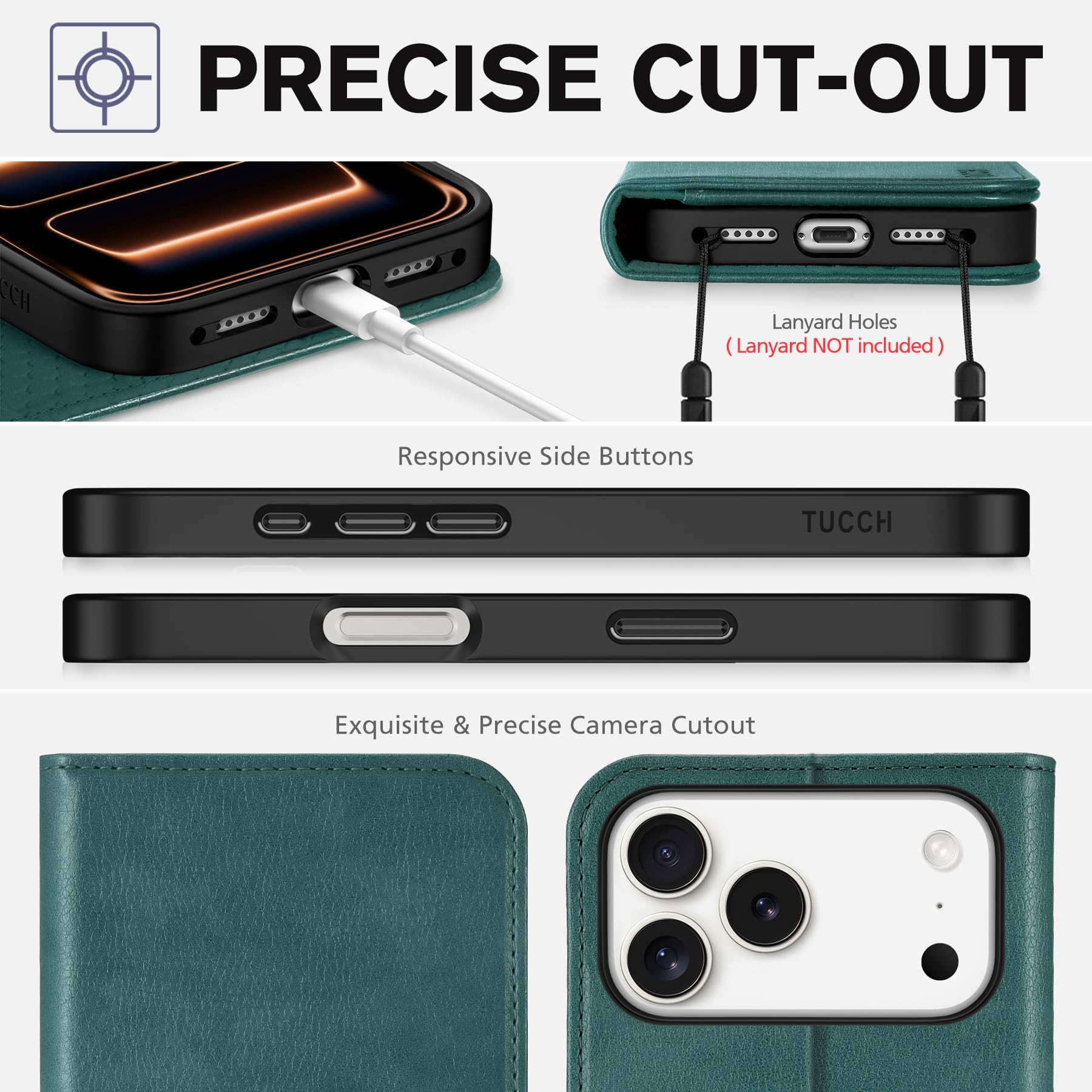TUCCH Funda Piel para iPhone 17 Pro MAX 6,9-Pulgadas 5G 2025 [Bloqueo RFID] | Funda TPU A Prueba de Golpes Ranuras Tarjetas, Función Soporte Carcasa Case Protección Completa, Verde Pino Texturizado