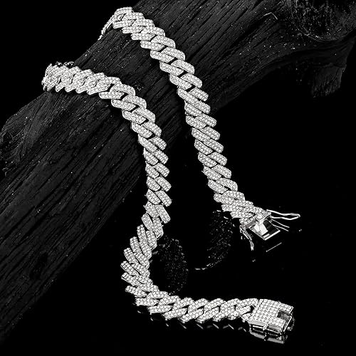 Miniatura 7 de JUNVirtuous - Cadena de eslabones cubanos, collar cubano de Miami con diamantes, de plata y oro, joyería con diamantes brillantes para hombres y