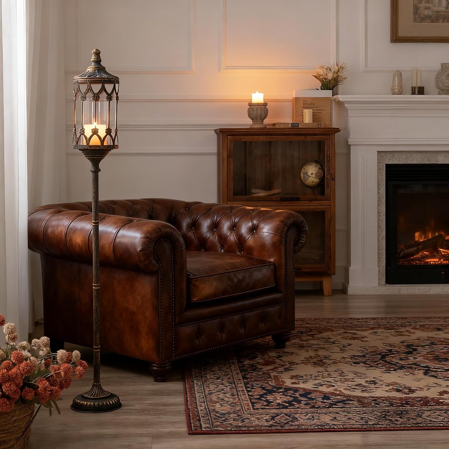 vintage floor candelabra - 41" tall antique gold candle holder with glass lantern, rustic gothic metal pillar stand for home decor, wedding & event centerpiece