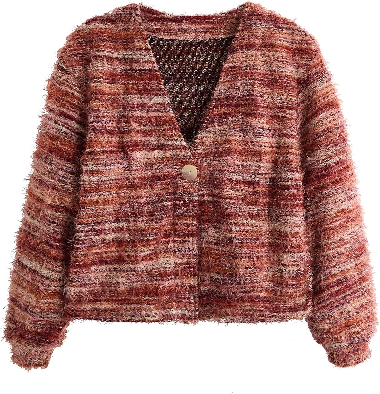 Verdusa Women's Furry Fuzzy Button Up Cardigan Color Striped Cozy Sweaters Fall Winter Outerwear