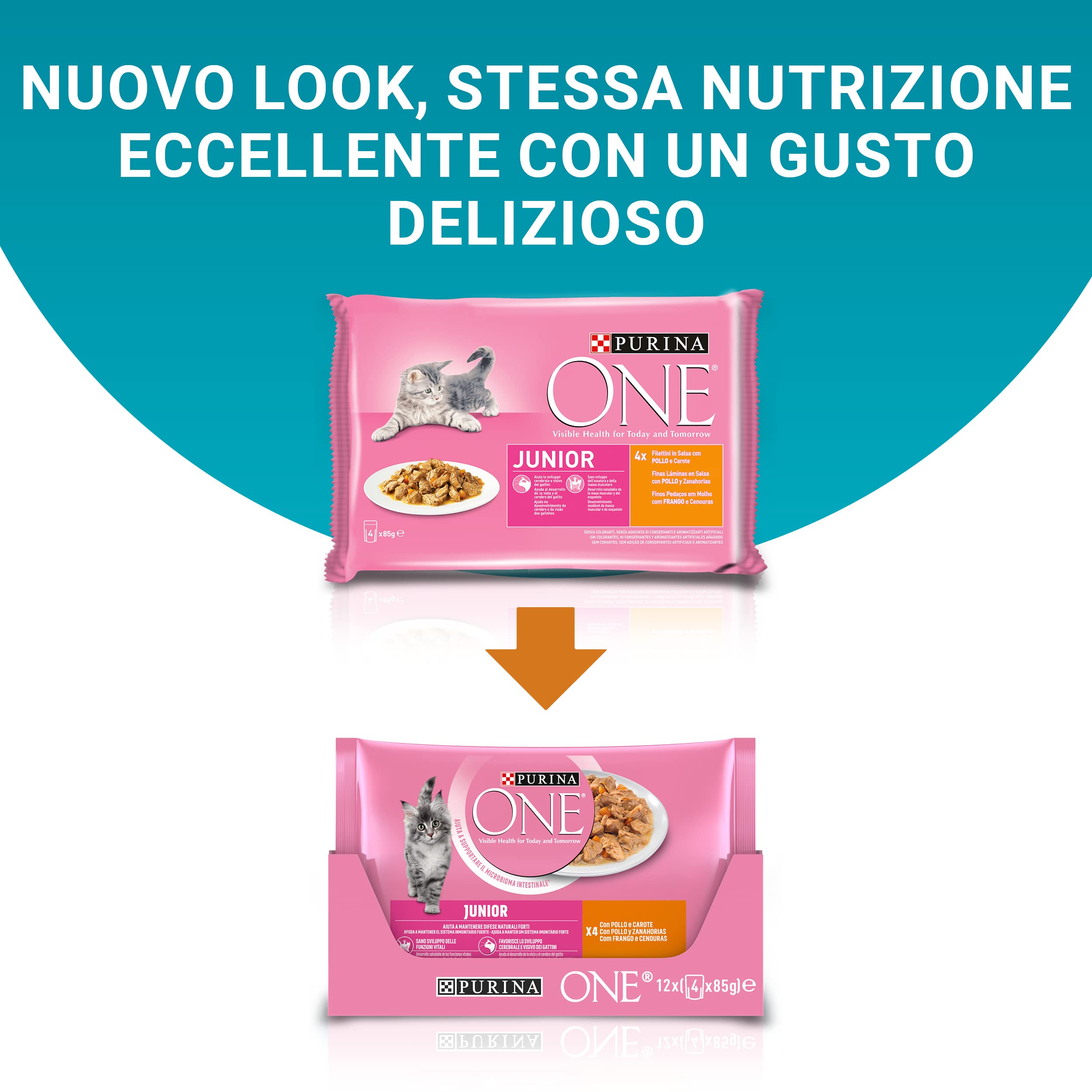 PURINA ONE Junior Cibo Umido per Gatti Cuccioli Filettini in Salsa con Pollo 4 Buste da 85g