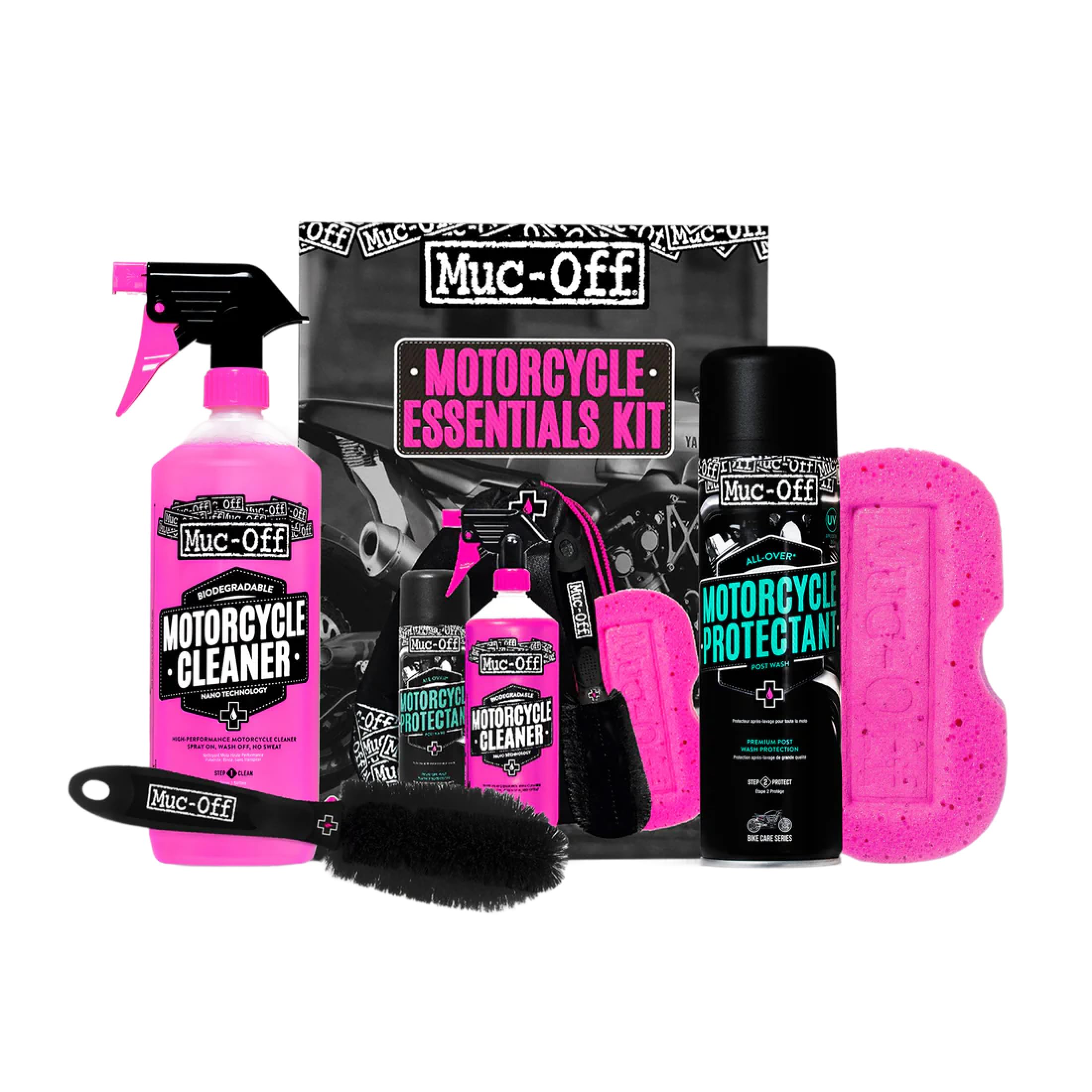Muc-Off Kit de limpieza de Motos - Imprescindibles para Limpieza y Mantenimiento - Incluye Limpiador de Motos, Protector de Moto y Más