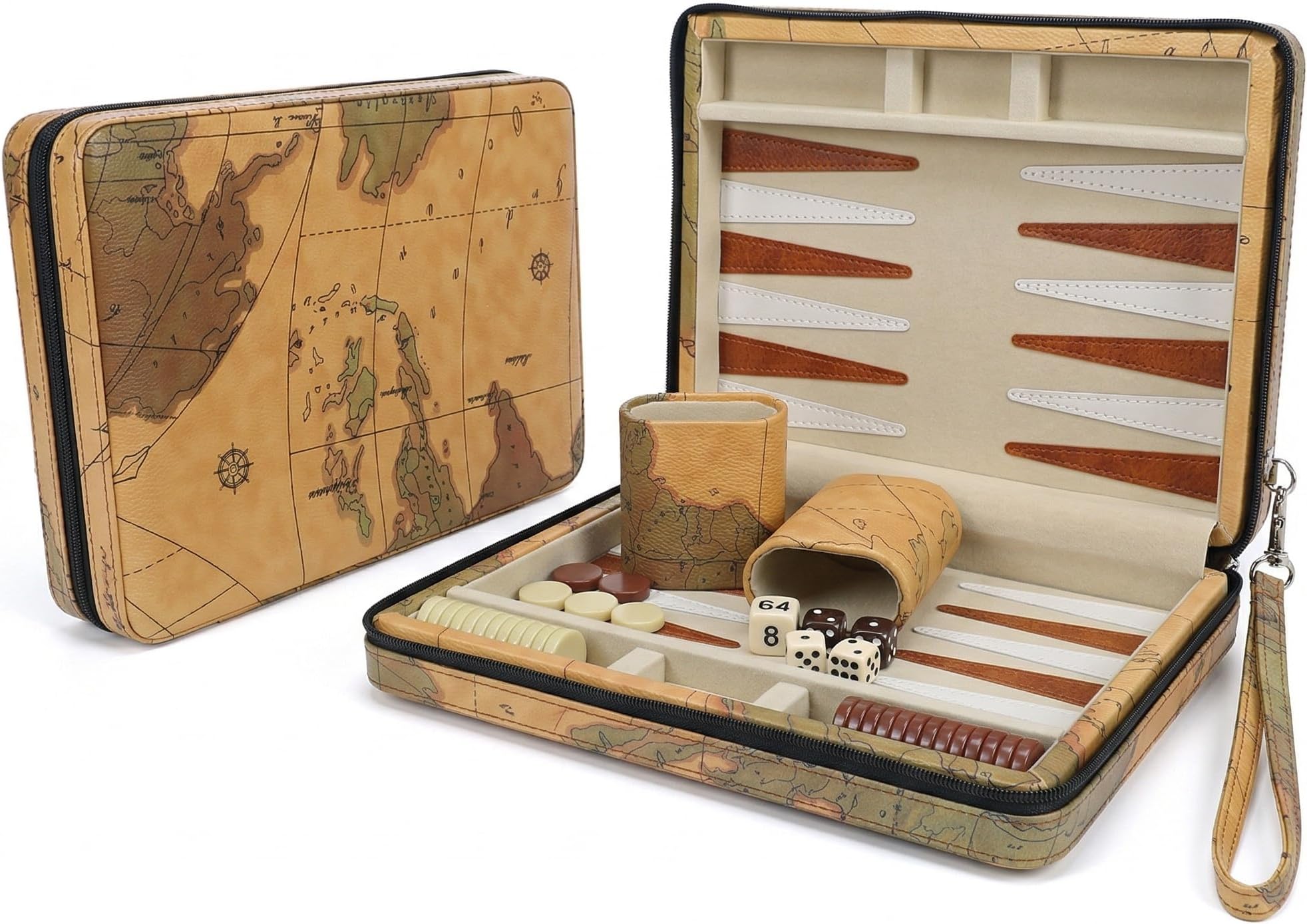 WE Games Travel Backgammon Set - Magnetic Board Game with 30 Chips, 2 Vinyl Dice Cups, 4 Dice & Tan Map Leatherette Case