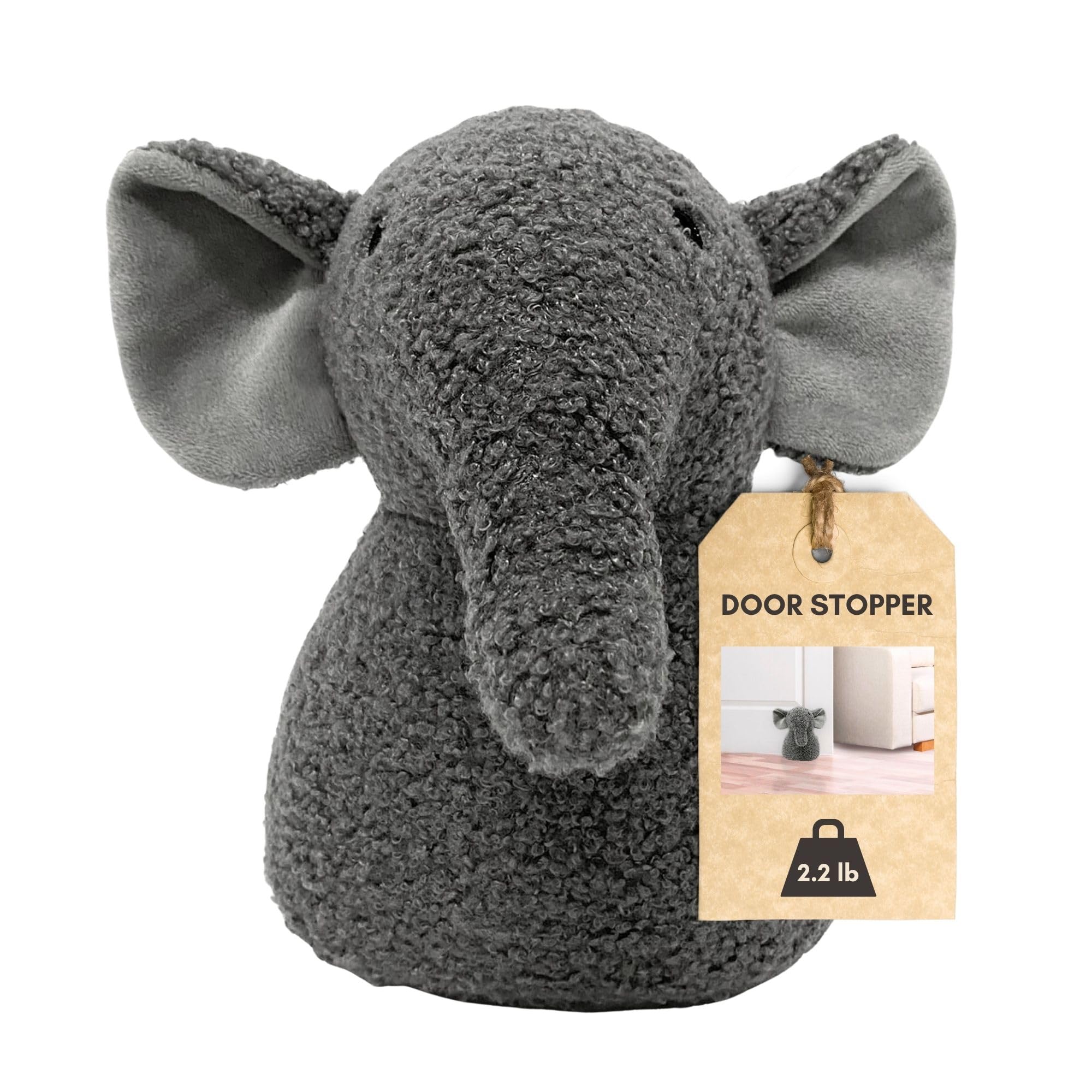 Decorative Elephant Door Stopper - Heavyweight 2.3 lb. Fabric Holder for Home and Office - Cute Animal Design to Keep Interior Doors Open, Prevent Damage, Protect Children & Pets - Gray