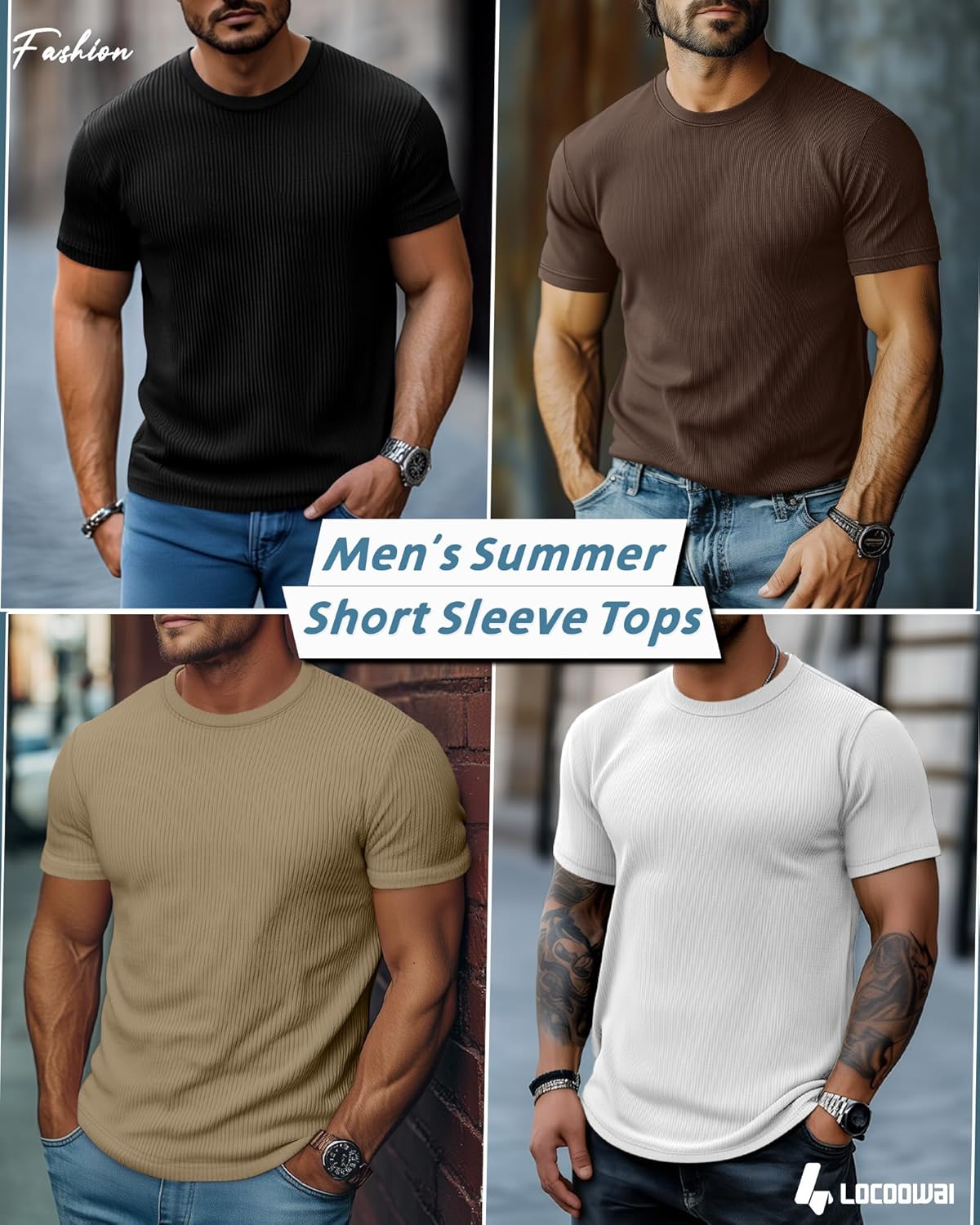 4 Pack Men's Short Sleeve T Shirts Crewneck Ribbed Knit Slim Fit Tops Basic Muscle Tee Shirts - Image 4