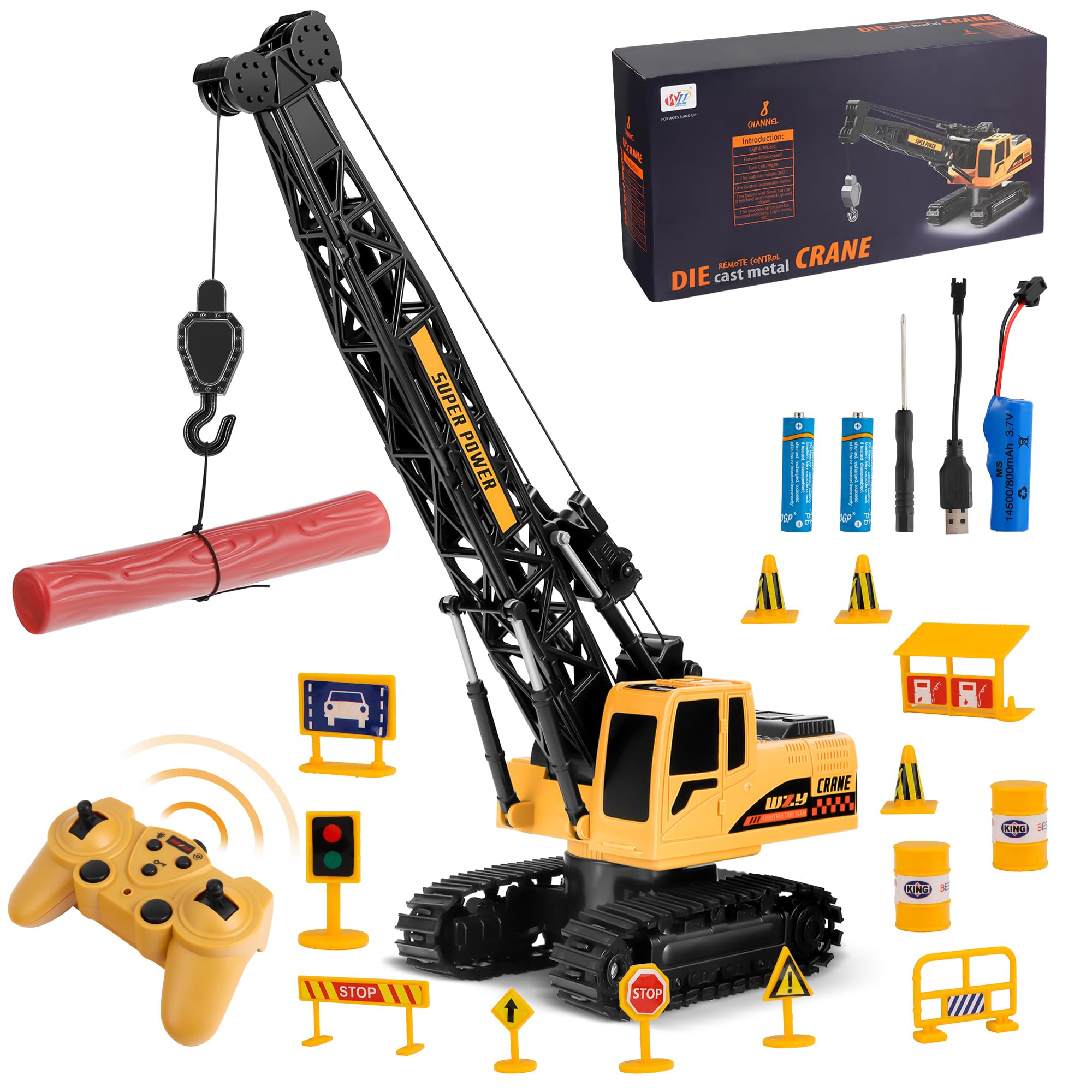 Joellfuner Gru Giocattolo per Bambini, 2,4G Gru Telecomandata con Luci e Suoni, Grande Autogru RC con 12 Mini Modelli di Ingegneria, Regali per Ragazzi dai 3 ai 10 anni