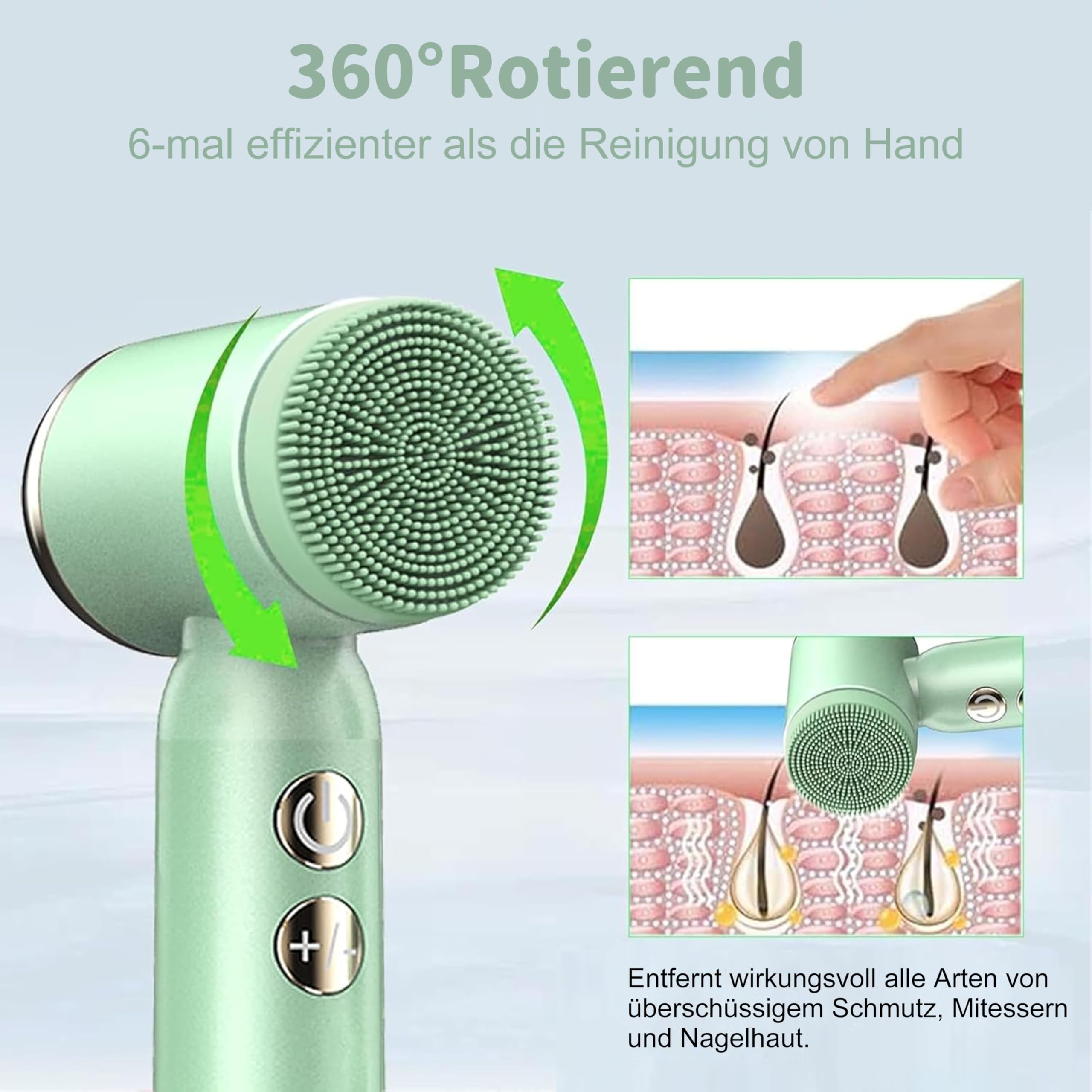 6 in 1 Elektrische Gesichtsbürste, Tiefenreinigung zur Poren- Peeling- und Mitesserreinigung, Gesichtsbürste mit 3-Stufige Rotation, Wasserfest ＆ Akku für Männer und Frauen Jeden Hauttyp (Grün)