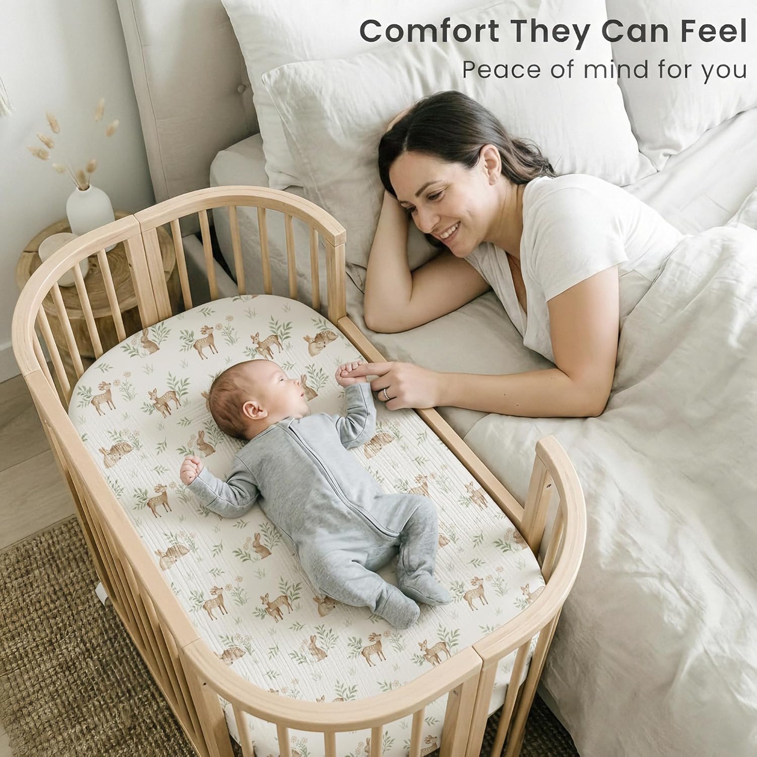 Konssy 2 Pack Muslin Bassinet Sheets for Boys, Girls, 100% Cotton Soft Breathable Fitted Bassinet Mattress Sheet, 33 x 21 inches (Woodland,Sage) - Image 2