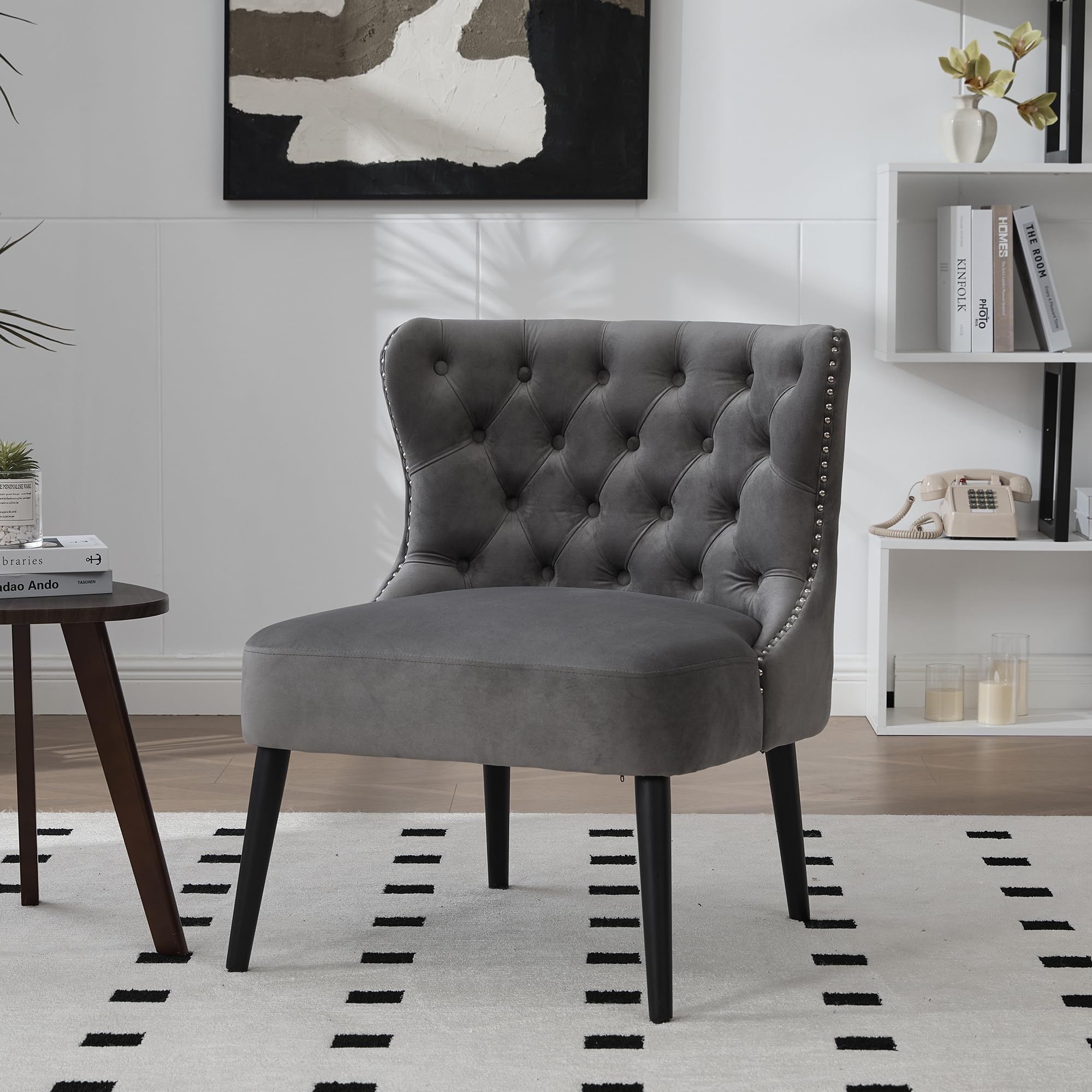 Silla de sofá con tira de botones de terciopelo y tamaño de puntos, diseño moderno sin brazo con remaches y patas de madera maciza para sala de estar, dormitorio.