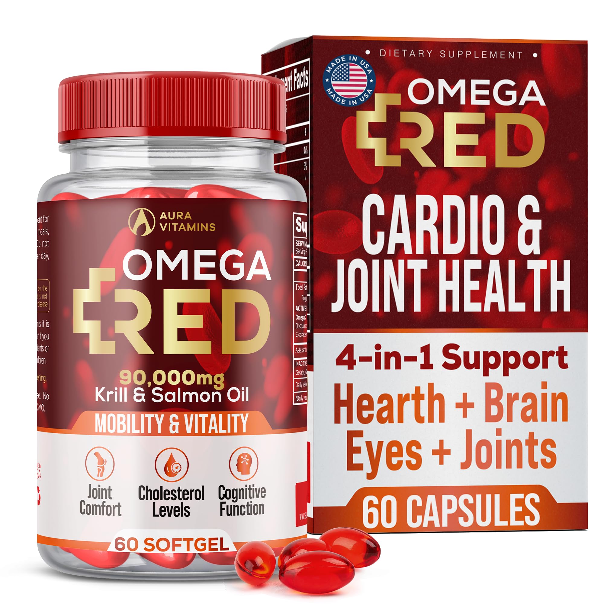 Omega RED Krill Oil Supplement (60 Softgels) – 1500mg Omega Fatty Acids with DHA EPA Astaxanthin, Fish Oil Alternative, Marine Lipids Softgels for Heart Brain Eye Joint Support, Daily Marine Lipids