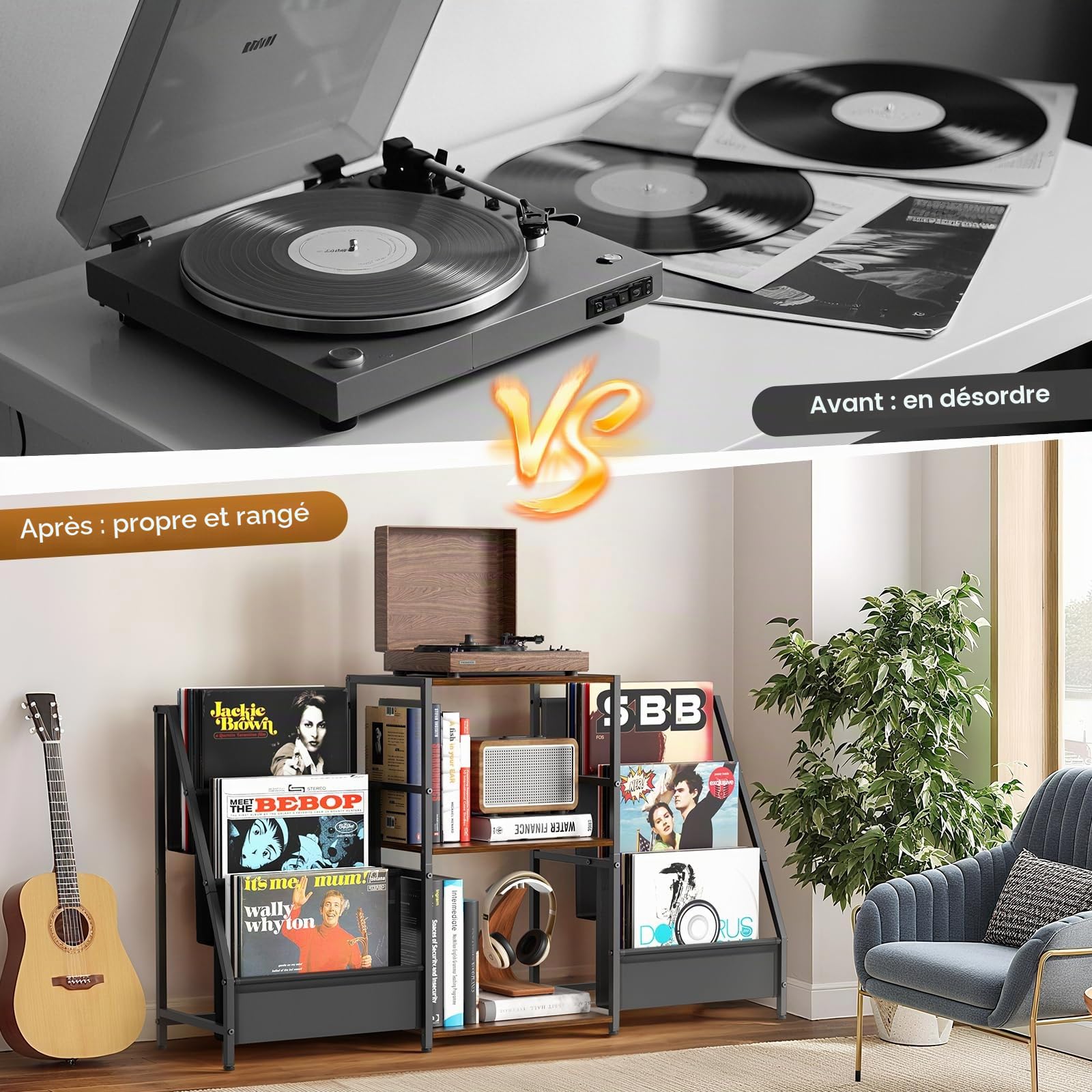 Support pour tourne-disques, table d'appoint à 3 niveaux, rangement de disques vinyles jusqu'à 200 albums, 123 x 30 x 73 cm, support de table tournante pour l'affichage et le rangement dans