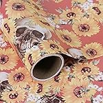 Aimyoo Orange Skull Floral Wrapping Paper Roll 17 in x10ft, Horror Gothic Halloween Wrap Paper