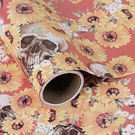 Aimyoo Orange Skull Floral Wrapping Paper Roll 17 in x10ft, Horror Gothic Halloween Wrap Paper