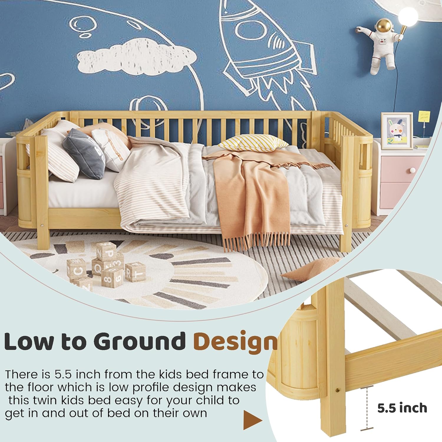 Mirightone Full Size Bed Frame Kids with Guardrails, Wood Montessori Bed Full with Slats Support, Modern Low to Ground with Removable Bed Rails for Girls Boys Bedroom Living Room, Natural