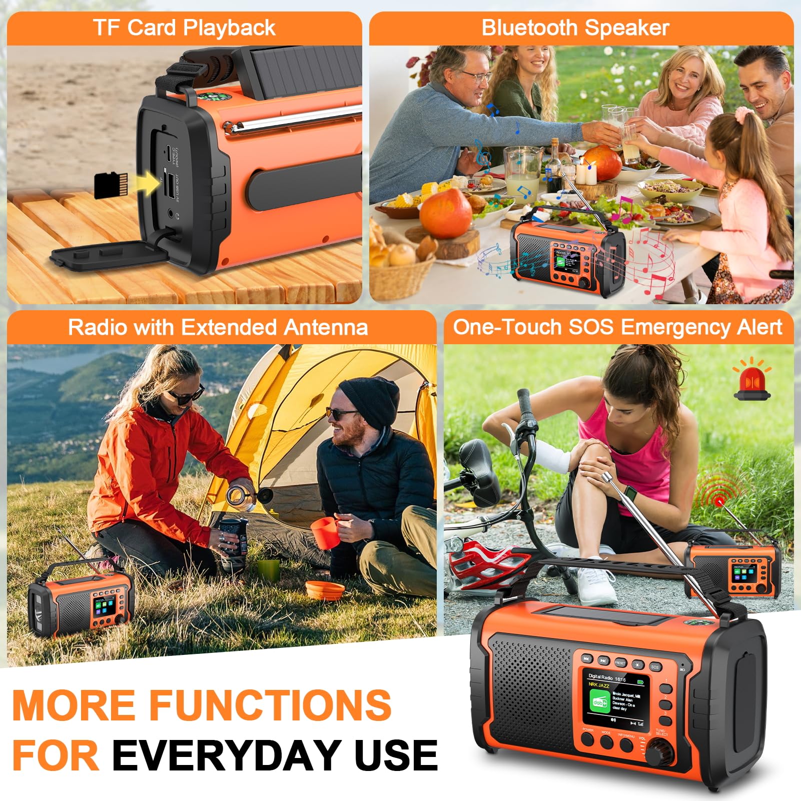Radio di Emergenza DAB+/FM 20000mAh con Powerbank, Solare e Manovella | Bluetooth 5.3, SOS, Torcia e Luce da Lettura per Casa, Campeggio, Camper e Blackout, Arancione