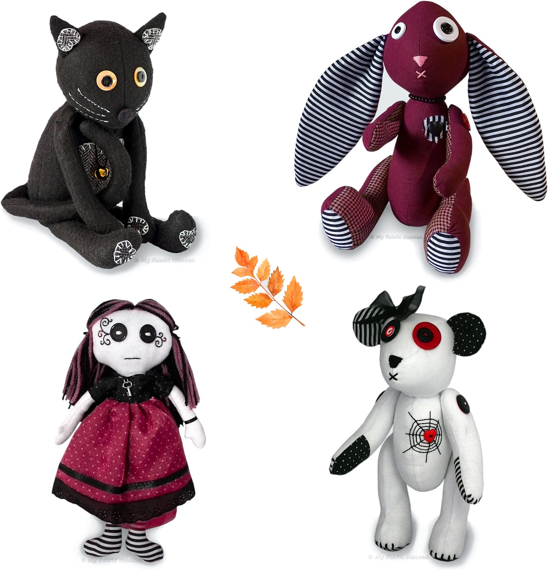 Four Discounted Halloween Gothic Sewing Patterns. Teddy Bear, Bunny, Cat, & Rag Doll, Handmade Stuffed Animal Soft Toys with Easy Photo-Tutorial Instructions. Free Post by MY FABRIC HEAVEN