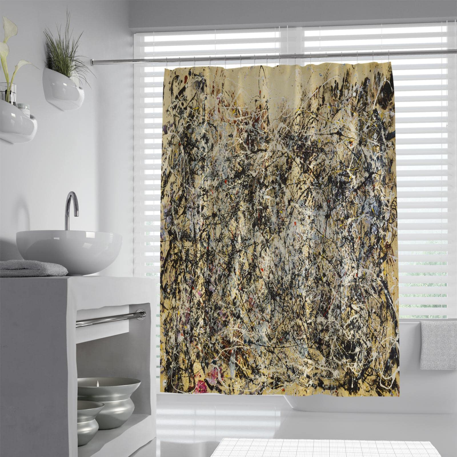 Jackson Pollock Art Cortina de Ducha con Cortina de Ducha con 12 Ganchos - Hotel Style Impermeable & Washable Heavyweight Fabric Design Black 183x198cm