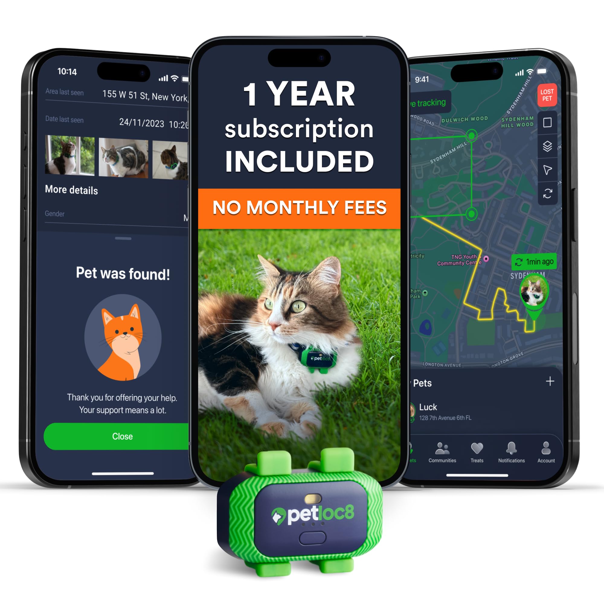 Cat GPS Tracker – Smallest Waterproof Pet Tracking Device with App, Real-Time Location, Smart Alerts & Geo-Fence, Long-Life Battery, Collar-Compatible – iOS & Android (12-Mo Subscription Included)