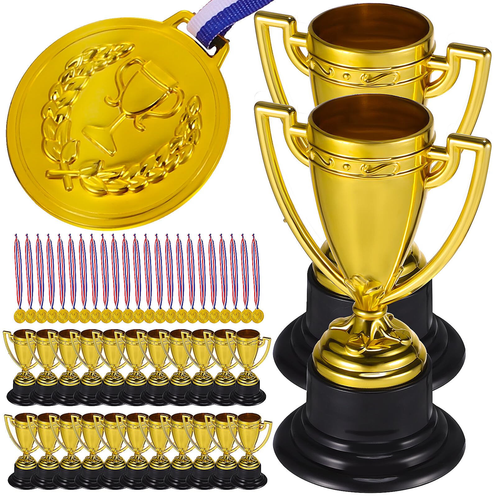 Set di 24 Medaglie e 24 Mini Trofei in Plastica Oro, Leggeri e Pratici da Trasportare, per Premiazioni Sportive e Competizioni di Bowling