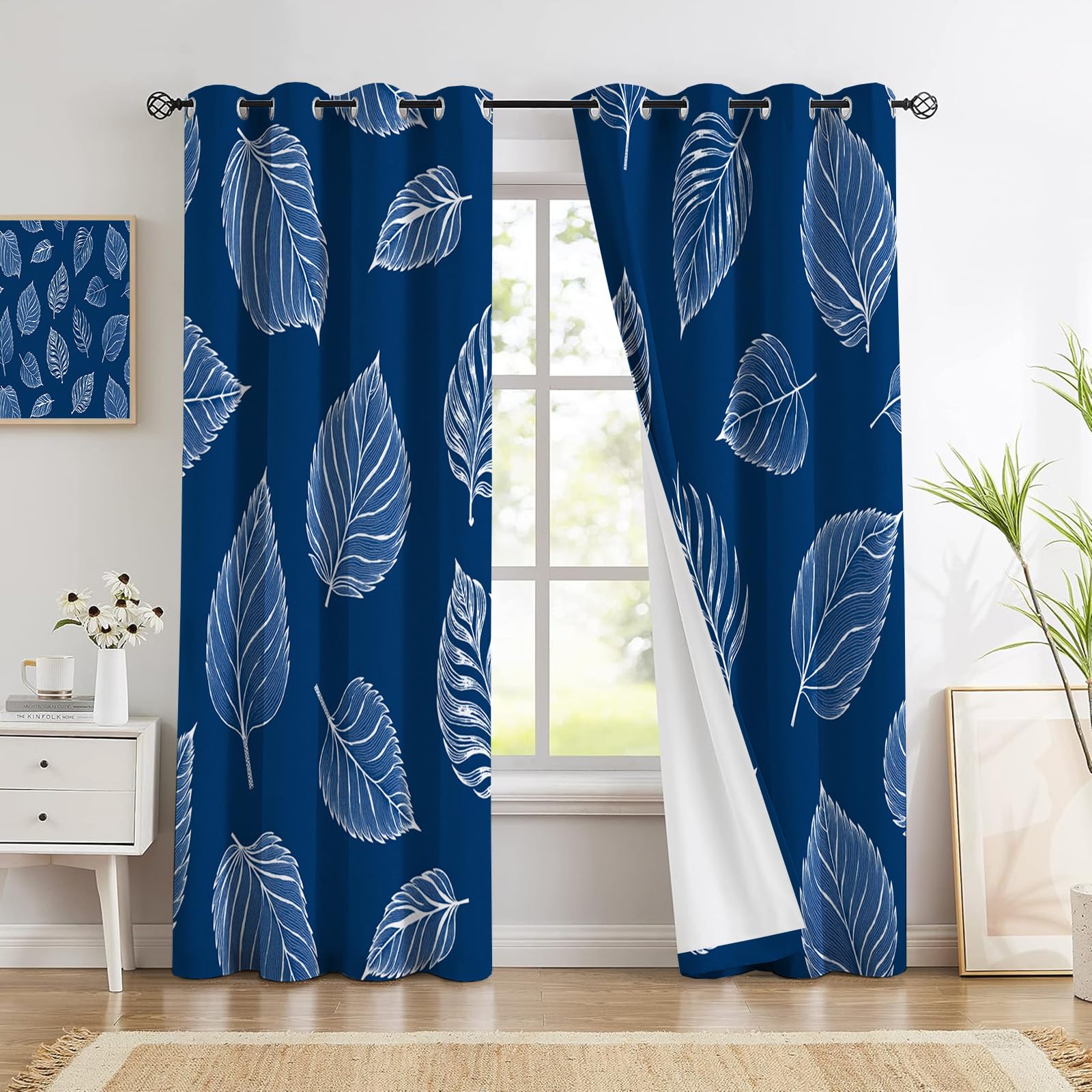Rideaux oeillets 140x260 cm bleu marine avec motif de feuille de plante lumineux