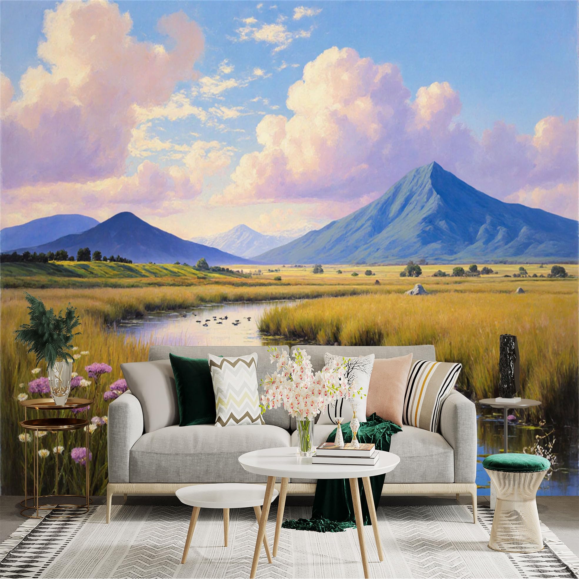 Lnzczhyre Xc260505135 Custom Size Wall Sticker Mural， Scenic Mountain Landscape， Serene Riverbank With Wildflowers， Golden Fields Under Cloudy Sky， For Wall Decoration， Peelandstick Wall Decals.